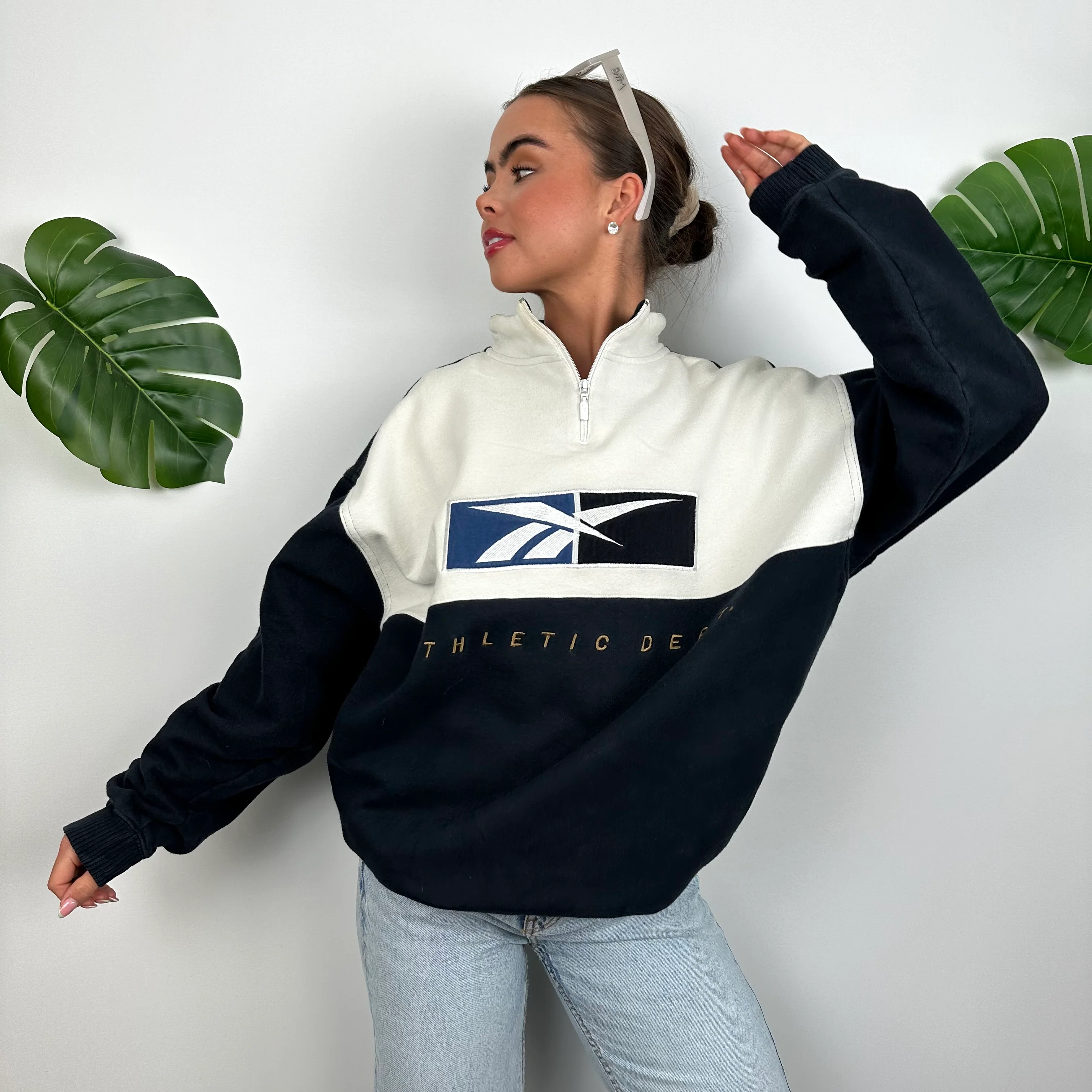 Reebok Navy & White Embroidered Spell Out Quarter Zip Sweatshirt (M) - Image 2