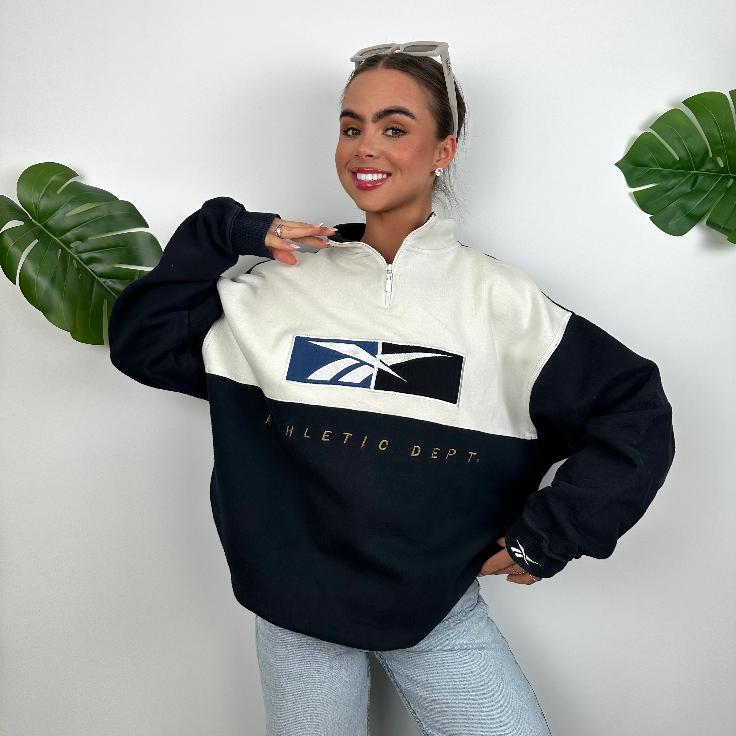 Reebok Navy & White Embroidered Spell Out Quarter Zip Sweatshirt (M) - Image 3