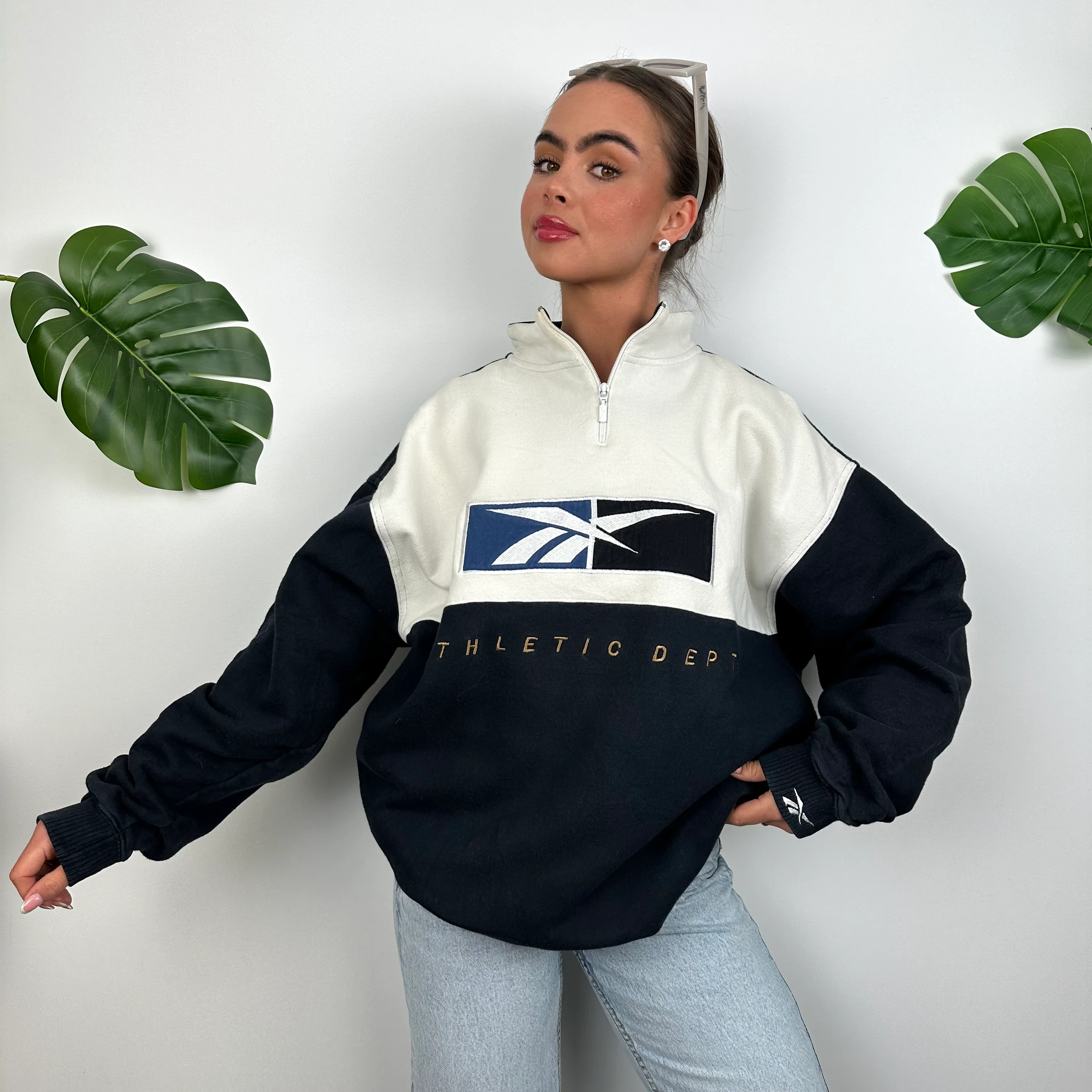 Reebok Navy & White Embroidered Spell Out Quarter Zip Sweatshirt (M) - Image 4