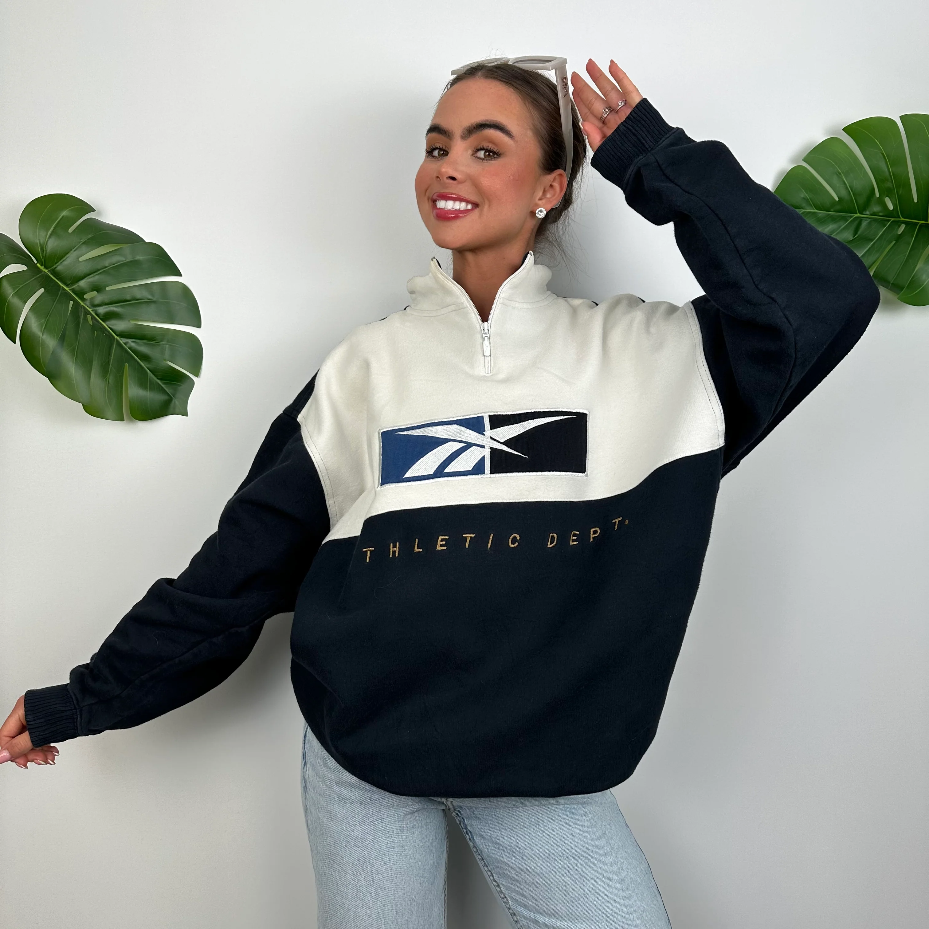 Reebok Navy & White Embroidered Spell Out Quarter Zip Sweatshirt (M) - Image 5