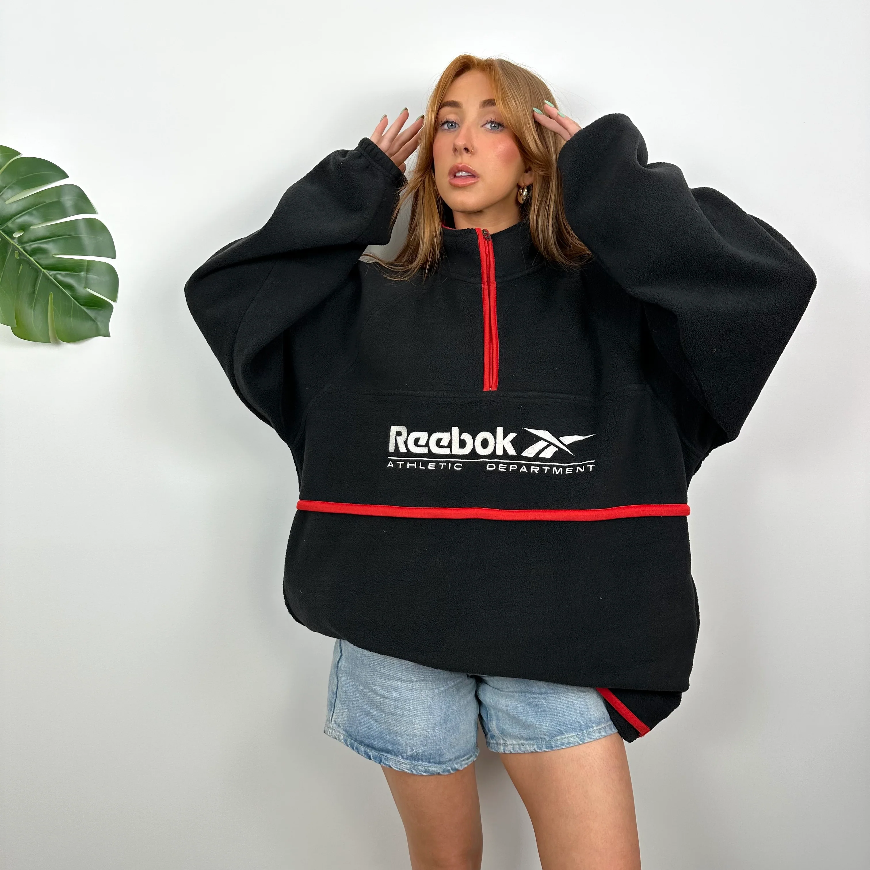 Reebok RARE Black Embroidered Spell Out Teddy Bear Fleece Quarter Zip Sweatshirt (L) - Image 5