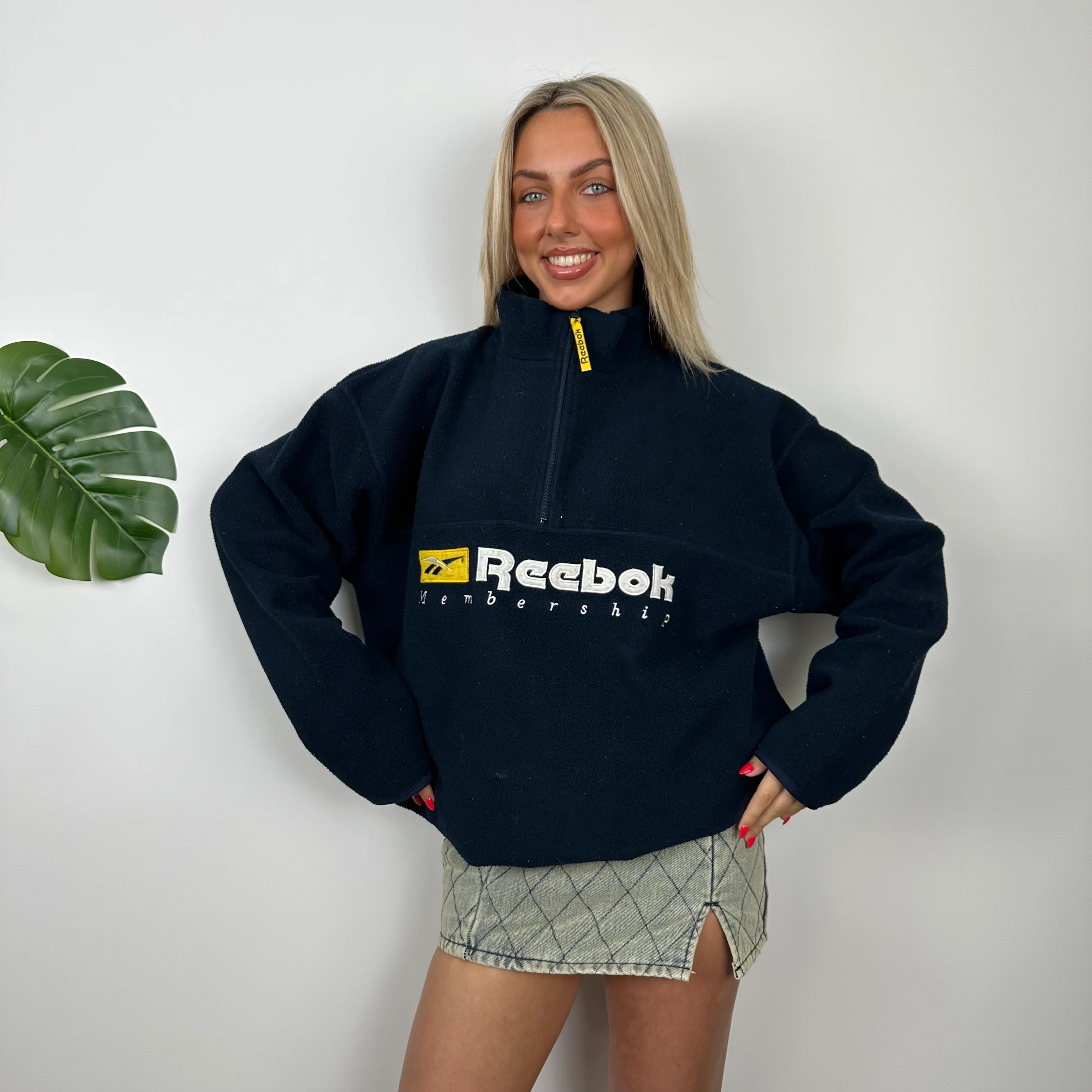 Reebok RARE Navy Embroidered Spell Out Teddy Bear Fleece Quarter Zip Sweatshirt (XL) - Image 3