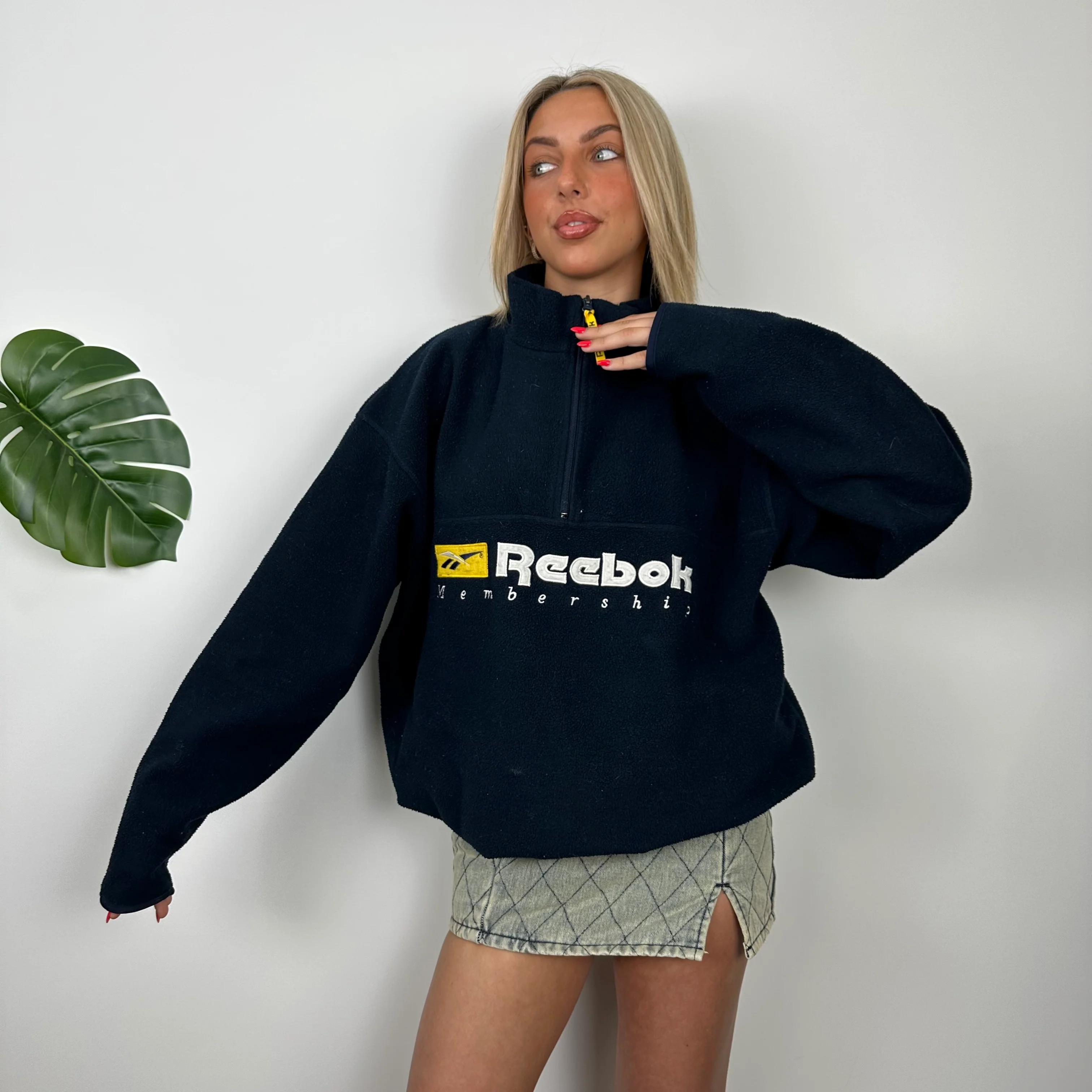 Reebok RARE Navy Embroidered Spell Out Teddy Bear Fleece Quarter Zip Sweatshirt (XL) - Image 4