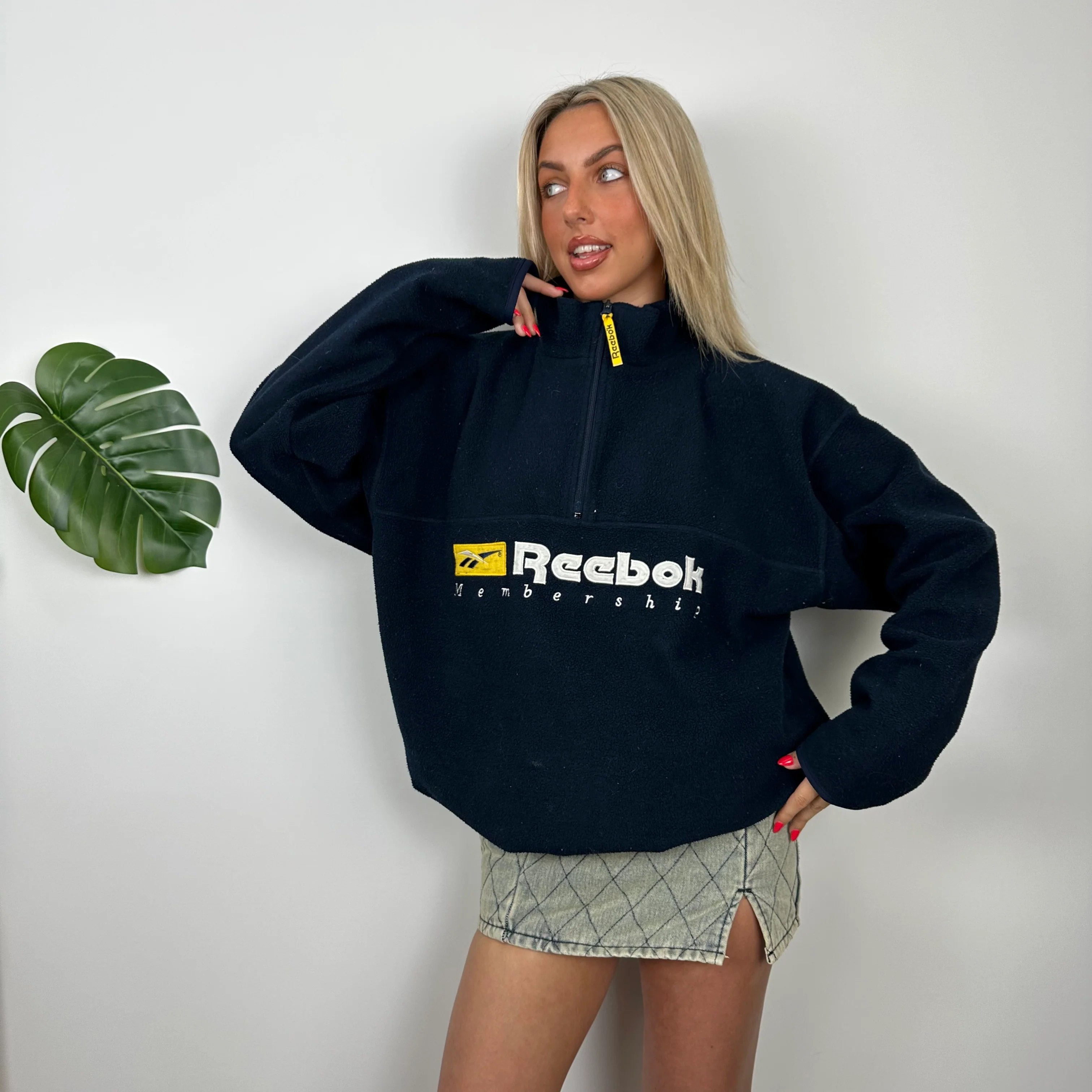 Reebok RARE Navy Embroidered Spell Out Teddy Bear Fleece Quarter Zip Sweatshirt (XL) - Image 5