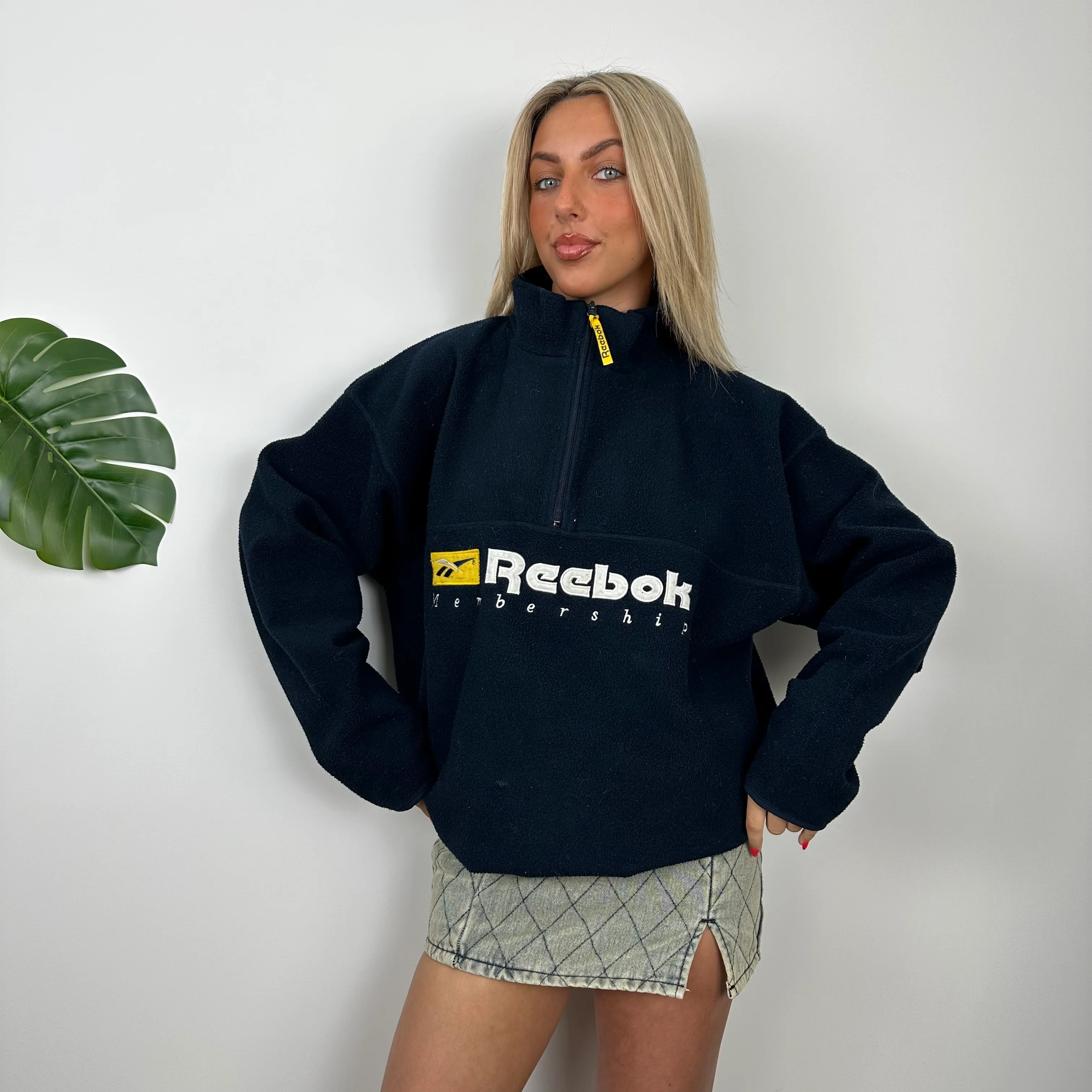 Reebok RARE Navy Embroidered Spell Out Teddy Bear Fleece Quarter Zip Sweatshirt (XL) - Image 7