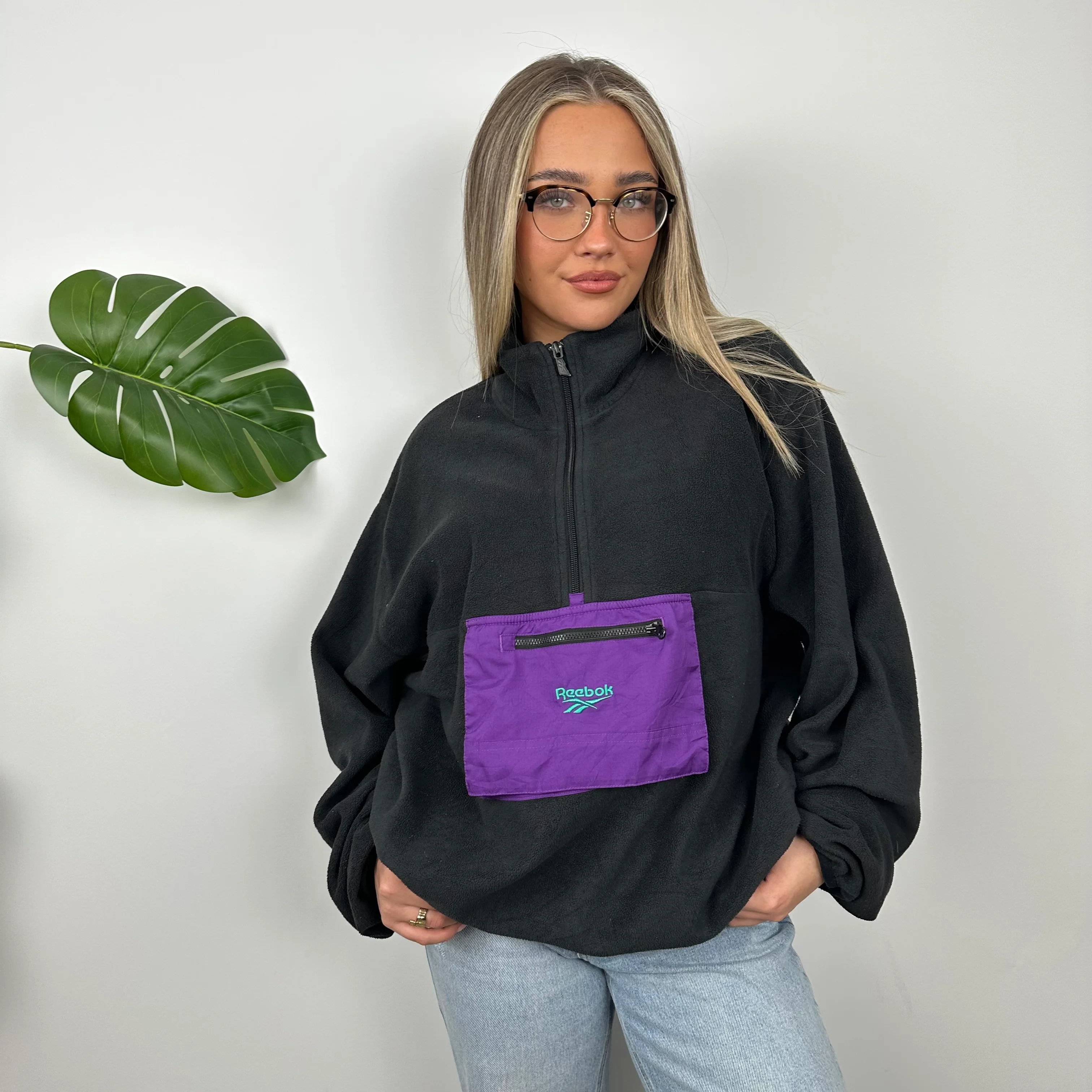 Reebok RARE Black Embroidered Spell Out Teddy Bear Fleece Quarter Zip Sweatshirt (L) - Image 5