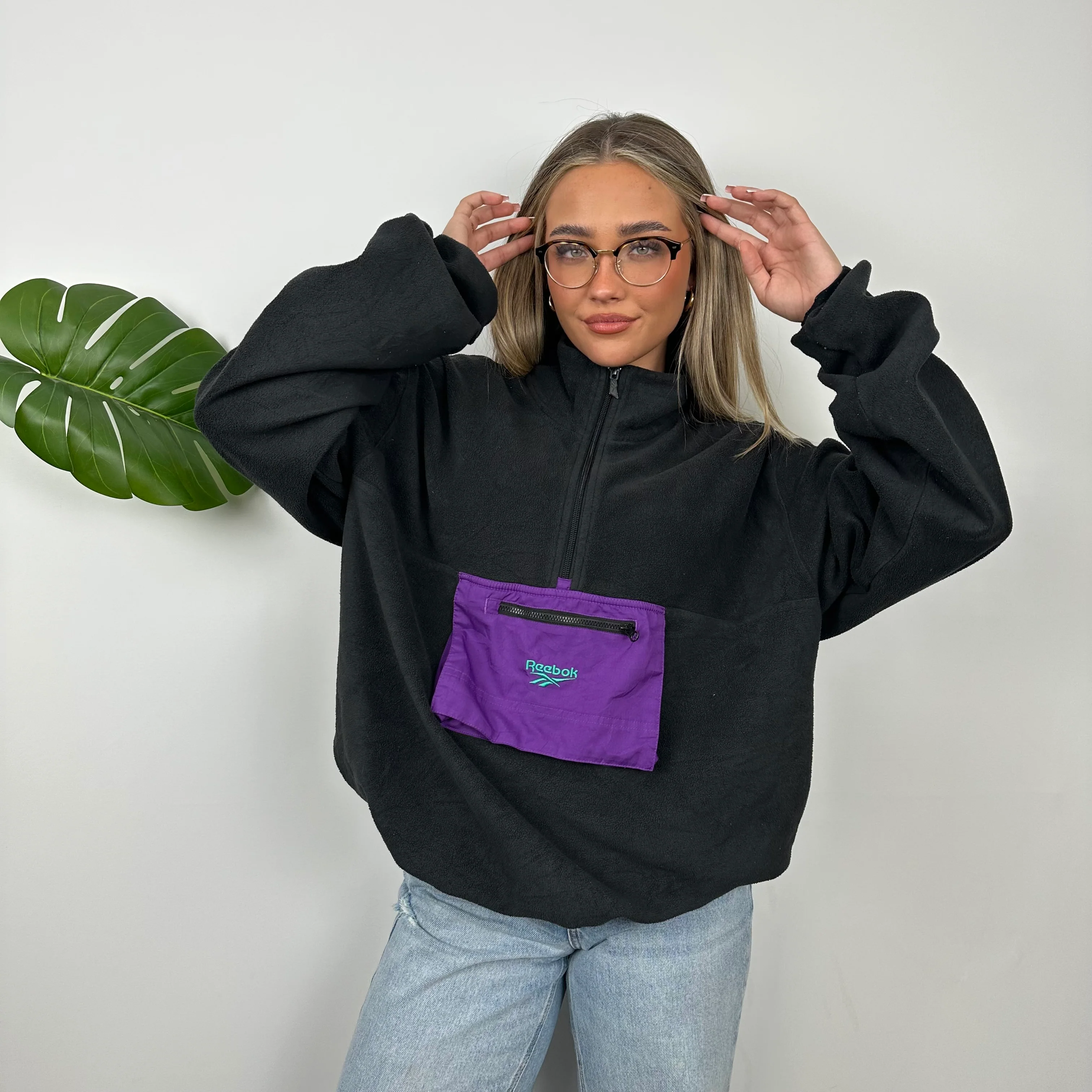 Reebok RARE Black Embroidered Spell Out Teddy Bear Fleece Quarter Zip Sweatshirt (L) - Image 6
