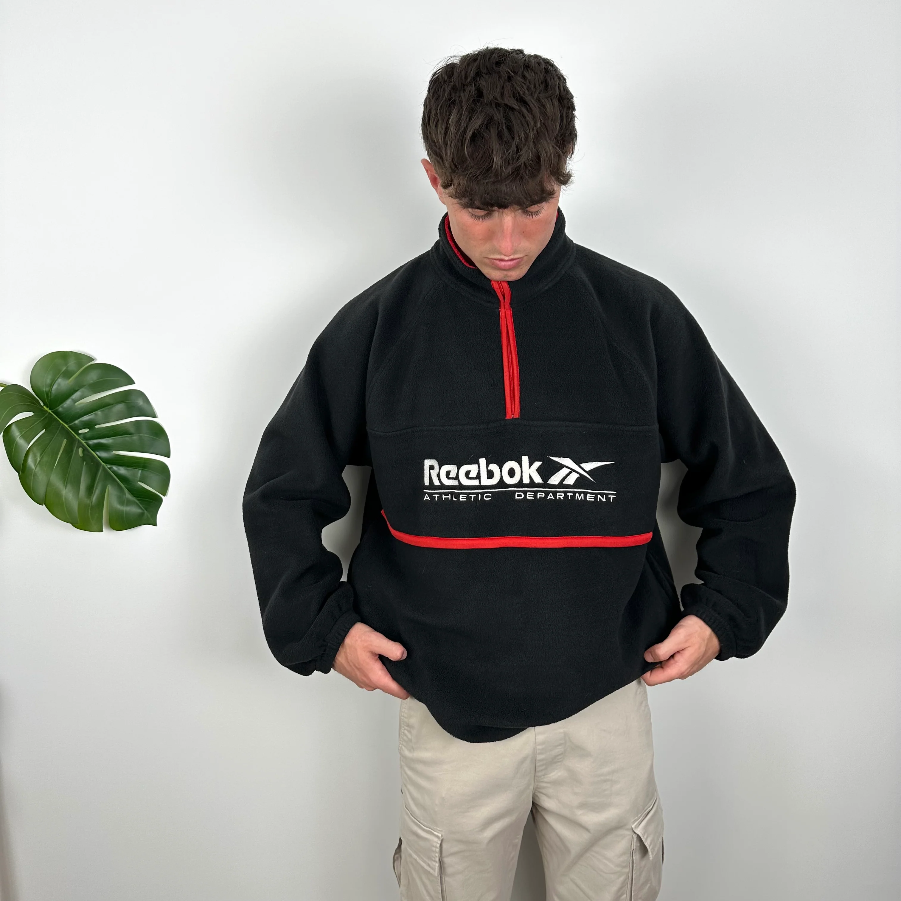 Reebok RARE Black Embroidered Spell Out Teddy Bear Fleece Quarter Zip Sweatshirt (L) - Image 2