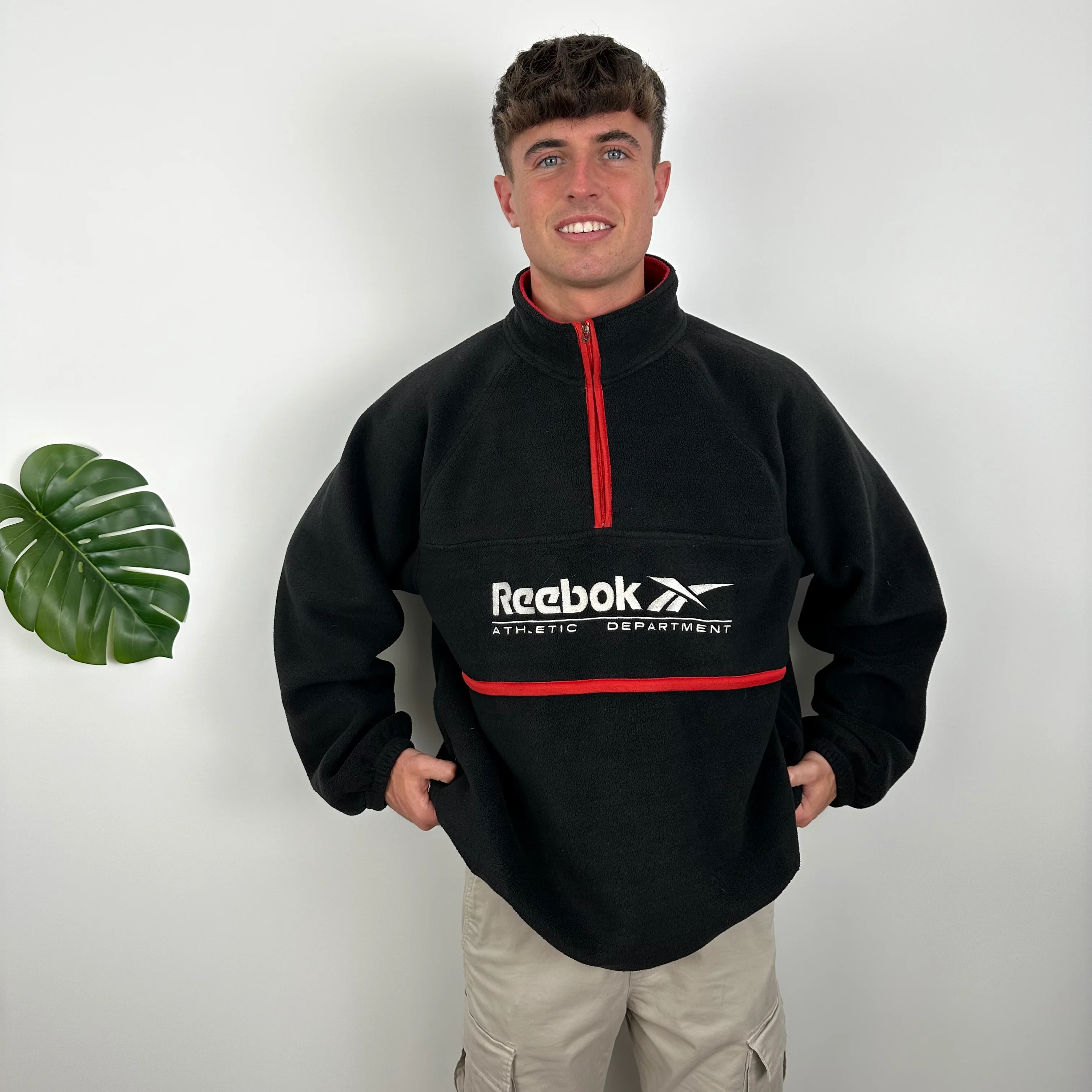 Reebok RARE Black Embroidered Spell Out Teddy Bear Fleece Quarter Zip Sweatshirt (L) - Image 3