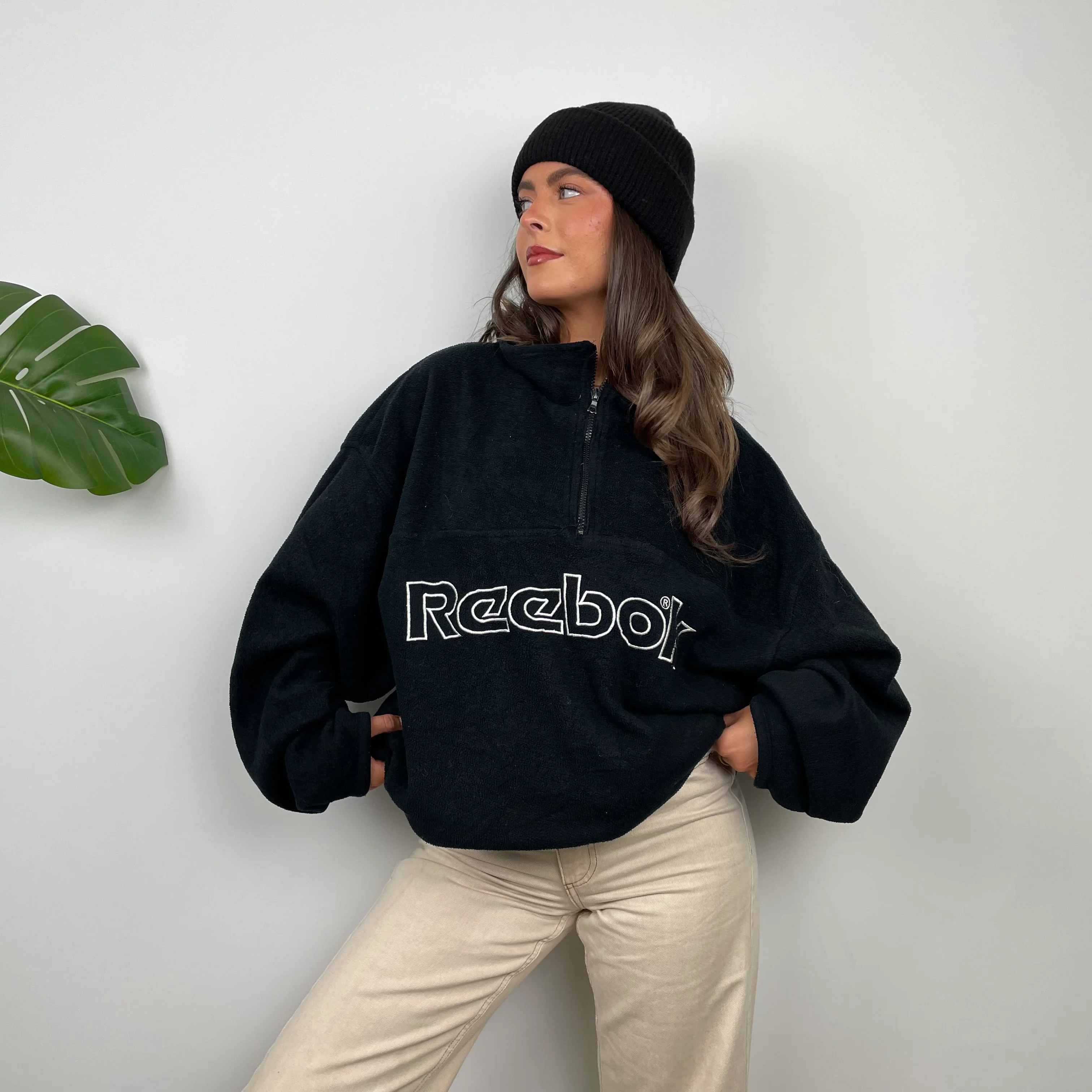 Reebok RARE Black Embroidered Spell Out Teddy Bear Fleece Quarter Zip Sweatshirt (XXL) - Image 2