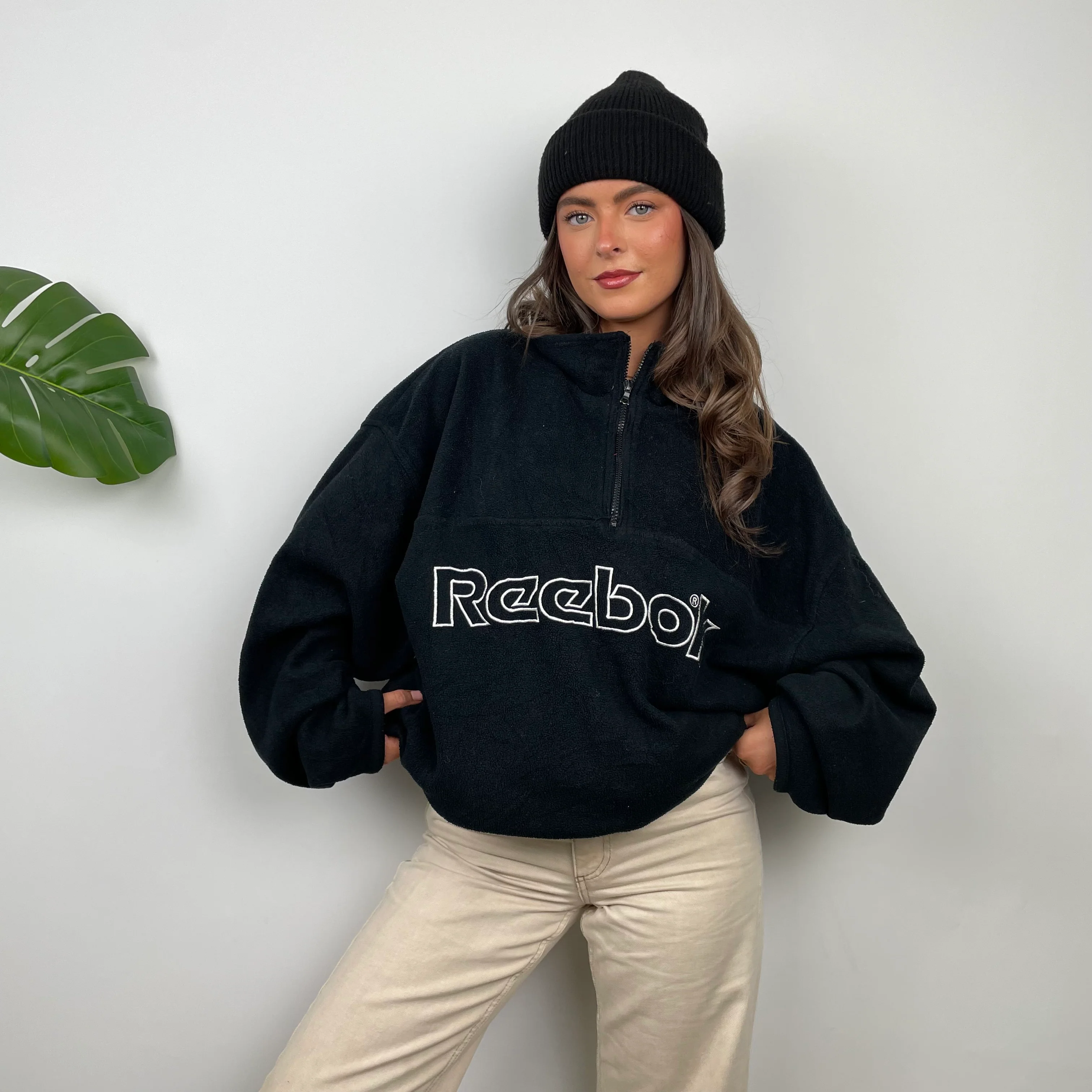 Reebok RARE Black Embroidered Spell Out Teddy Bear Fleece Quarter Zip Sweatshirt (XXL) - Image 3