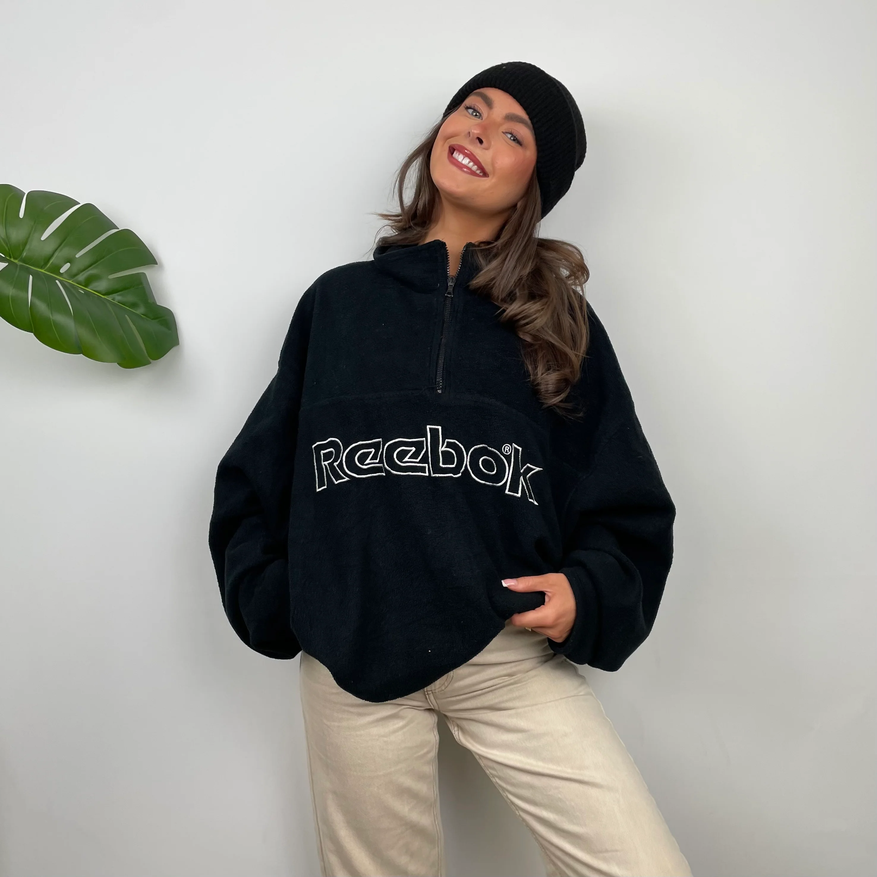 Reebok RARE Black Embroidered Spell Out Teddy Bear Fleece Quarter Zip Sweatshirt (XXL) - Image 4