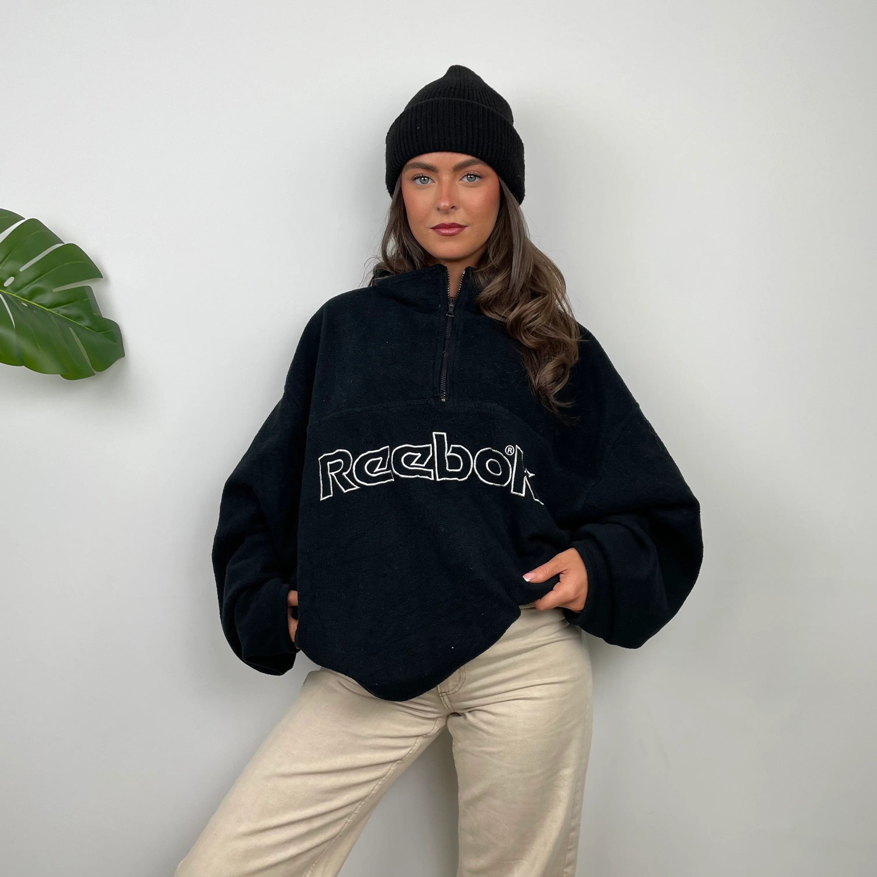 Reebok RARE Black Embroidered Spell Out Teddy Bear Fleece Quarter Zip Sweatshirt (XXL) - Image 5