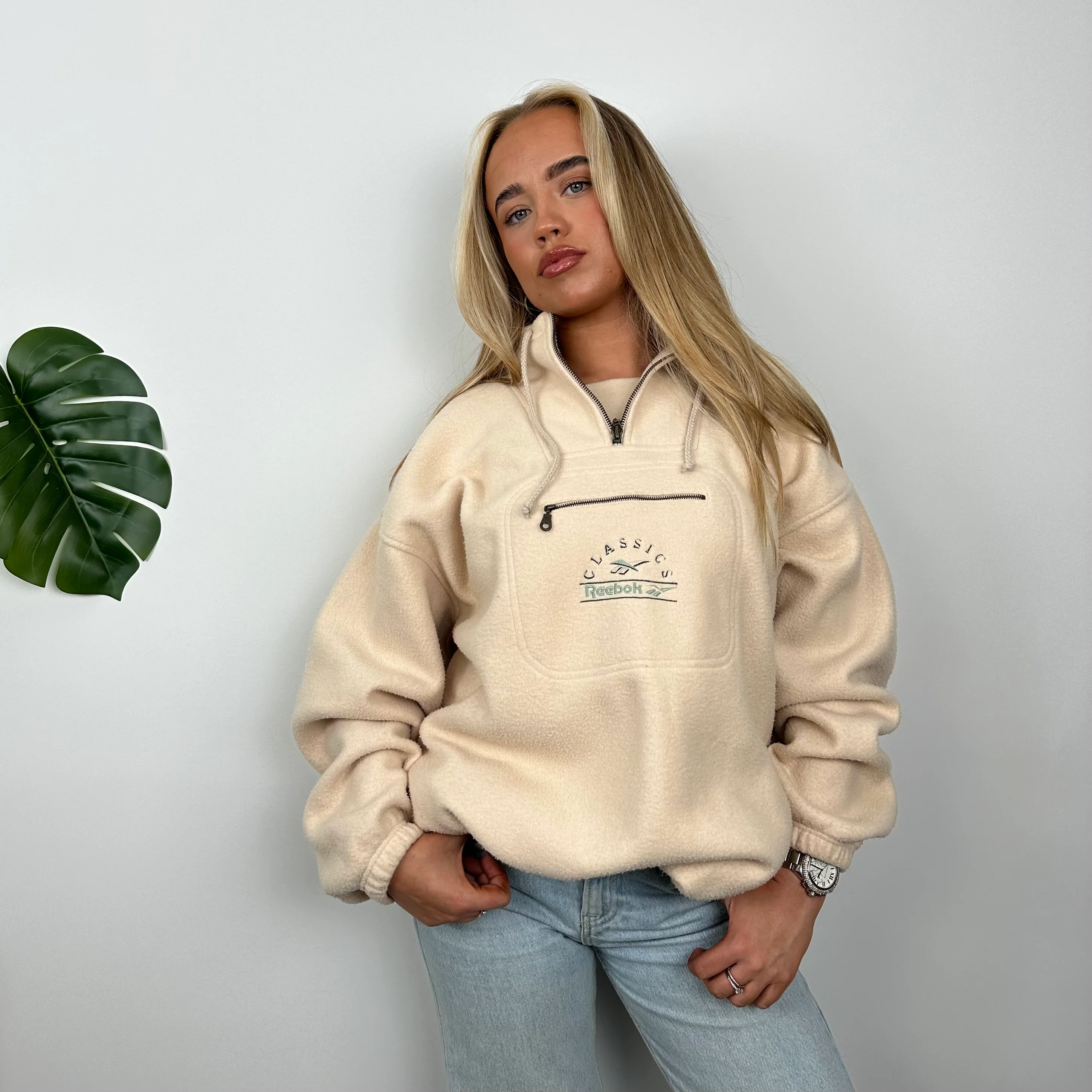 Reebok RARE Cream Embroidered Spell Out Teddy Bear Fleece Quarter Zip Sweatshirt (L)