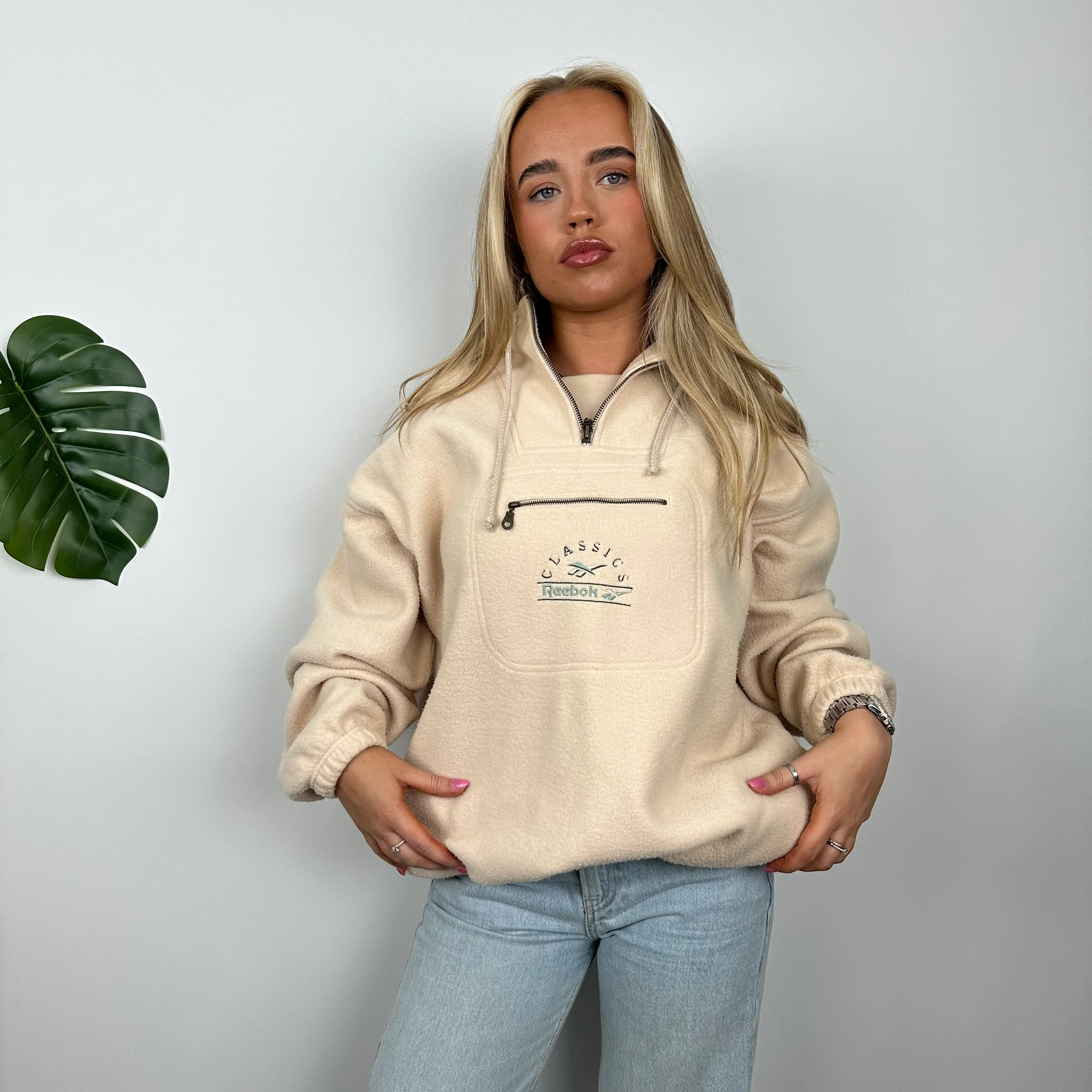 Reebok RARE Cream Embroidered Spell Out Teddy Bear Fleece Quarter Zip Sweatshirt (L) - Image 5