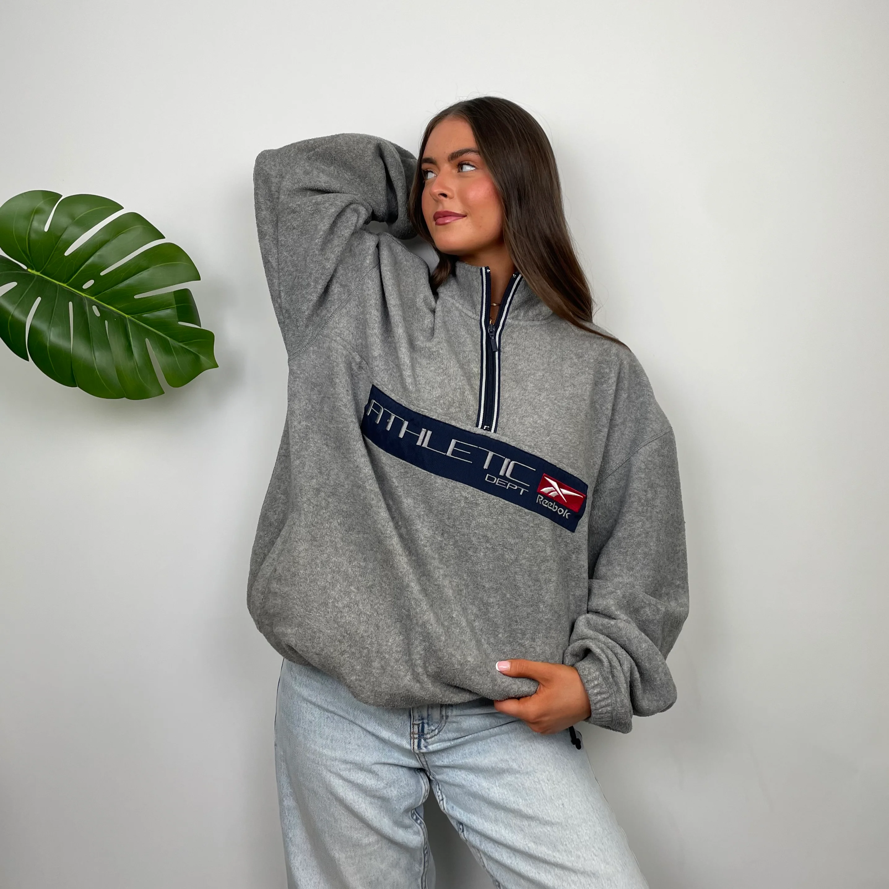 Reebok RARE Grey Embroidered Spell Out Fleece Quarter Zip Sweatshirt (XL) - Image 6