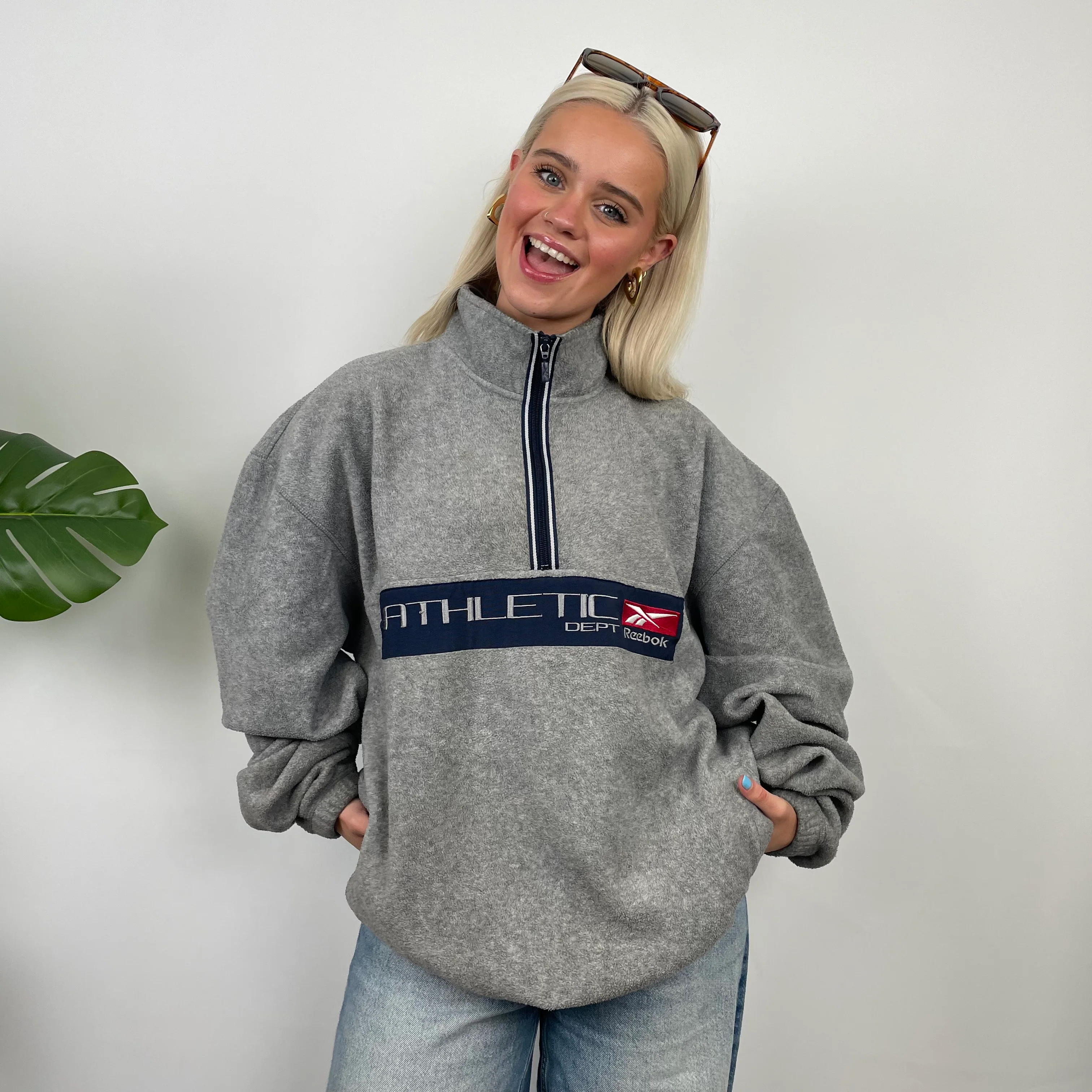 Reebok RARE Grey Embroidered Spell Out Fleece Quarter Zip Sweatshirt (L) - Image 3