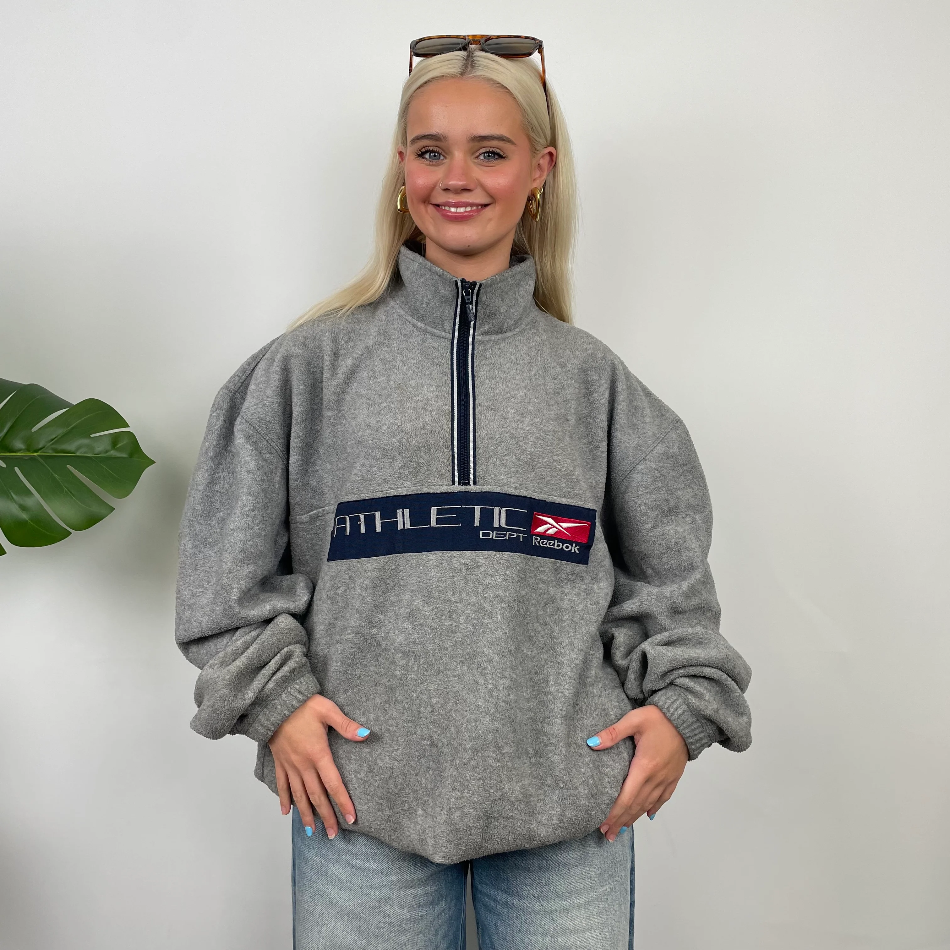 Reebok RARE Grey Embroidered Spell Out Fleece Quarter Zip Sweatshirt (L) - Image 4