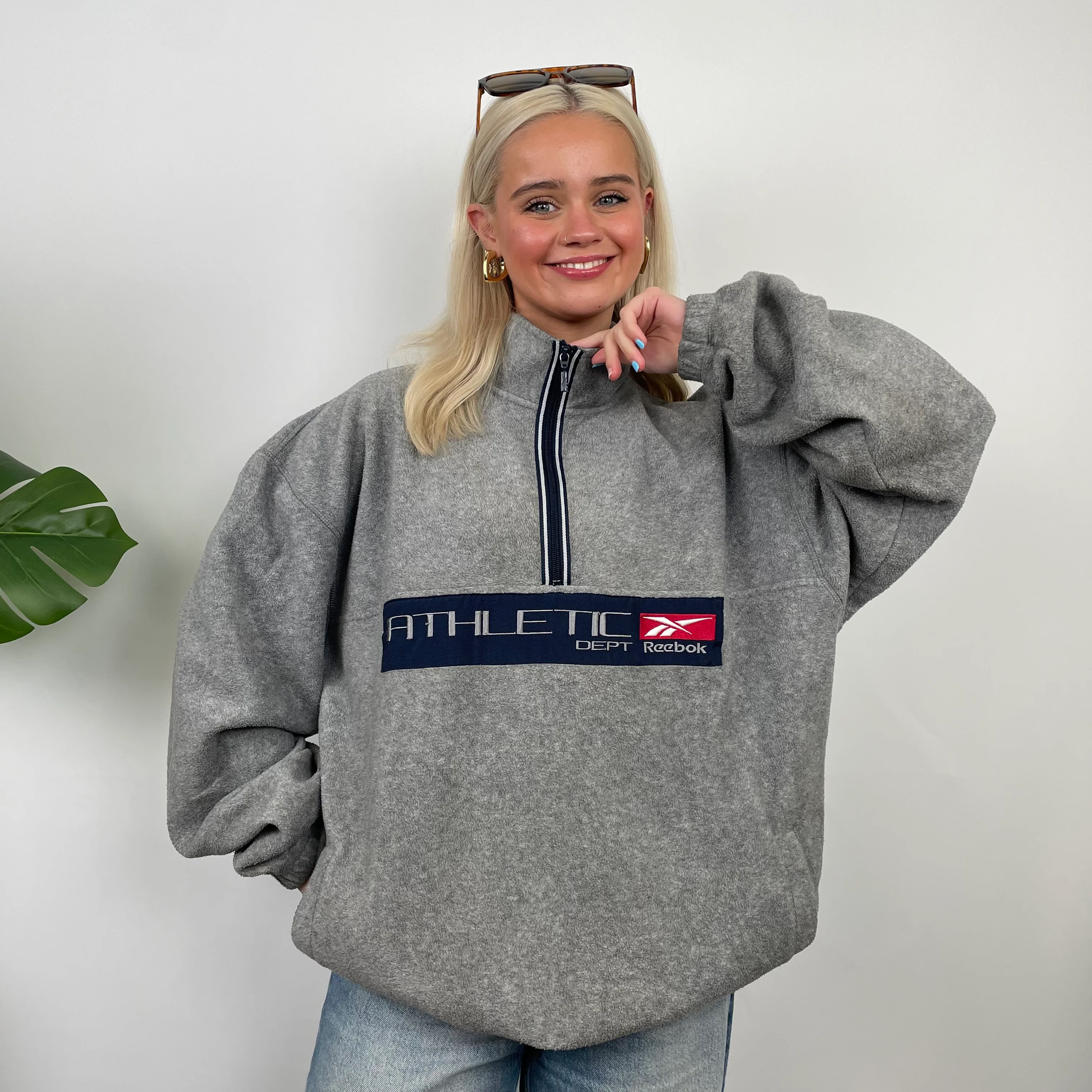 Reebok RARE Grey Embroidered Spell Out Fleece Quarter Zip Sweatshirt (L) - Image 6