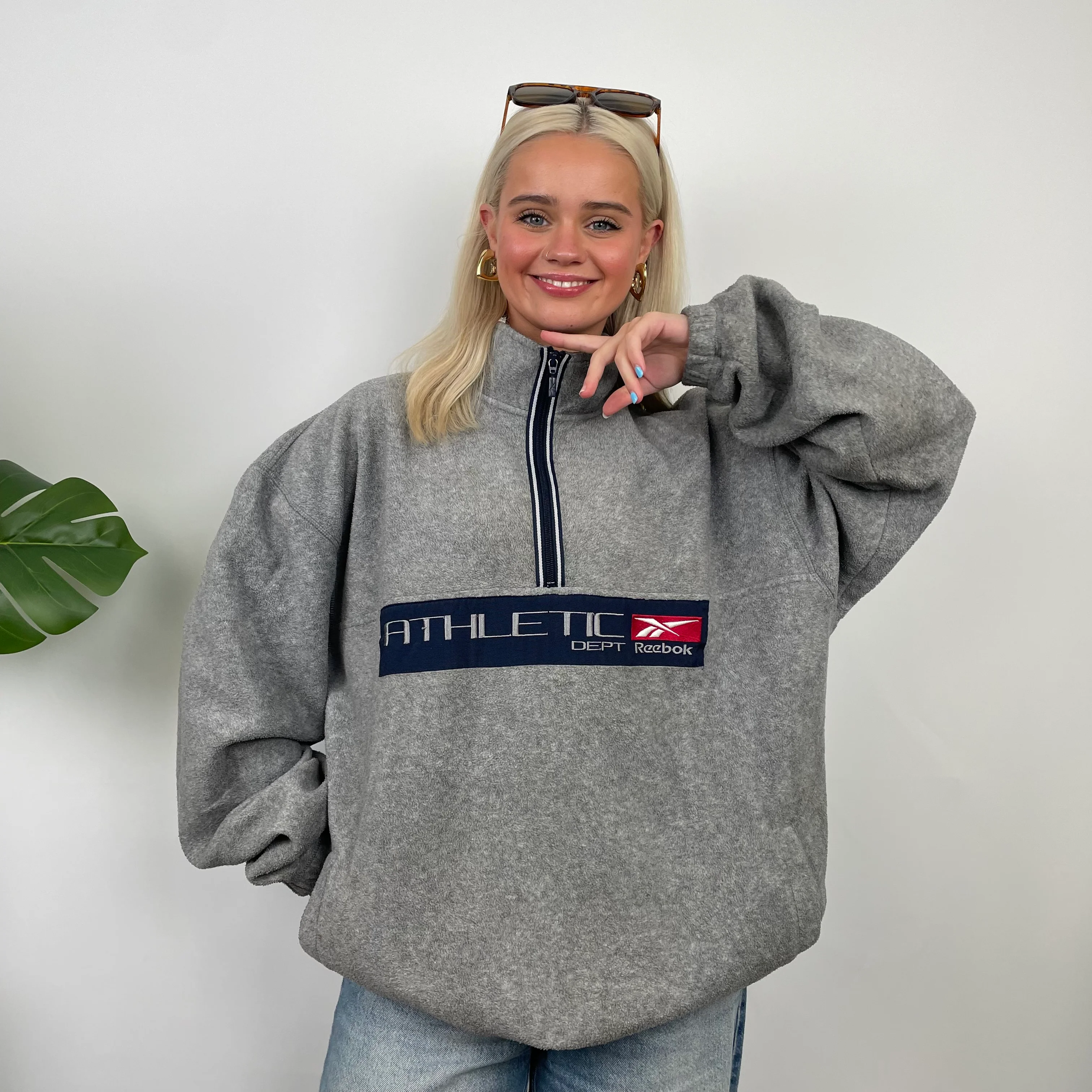Reebok RARE Grey Embroidered Spell Out Fleece Quarter Zip Sweatshirt (L) - Image 8