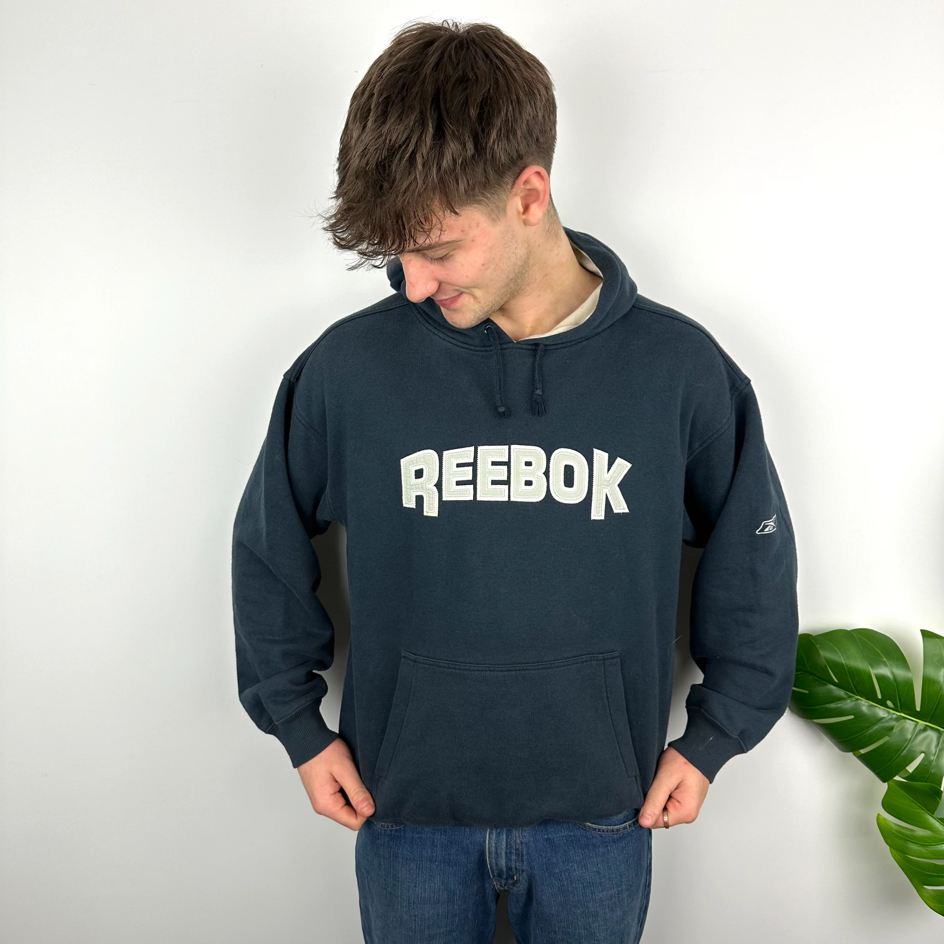 Reebok RARE Navy Embroidered Spell Out Hoodie (M) - Image 3