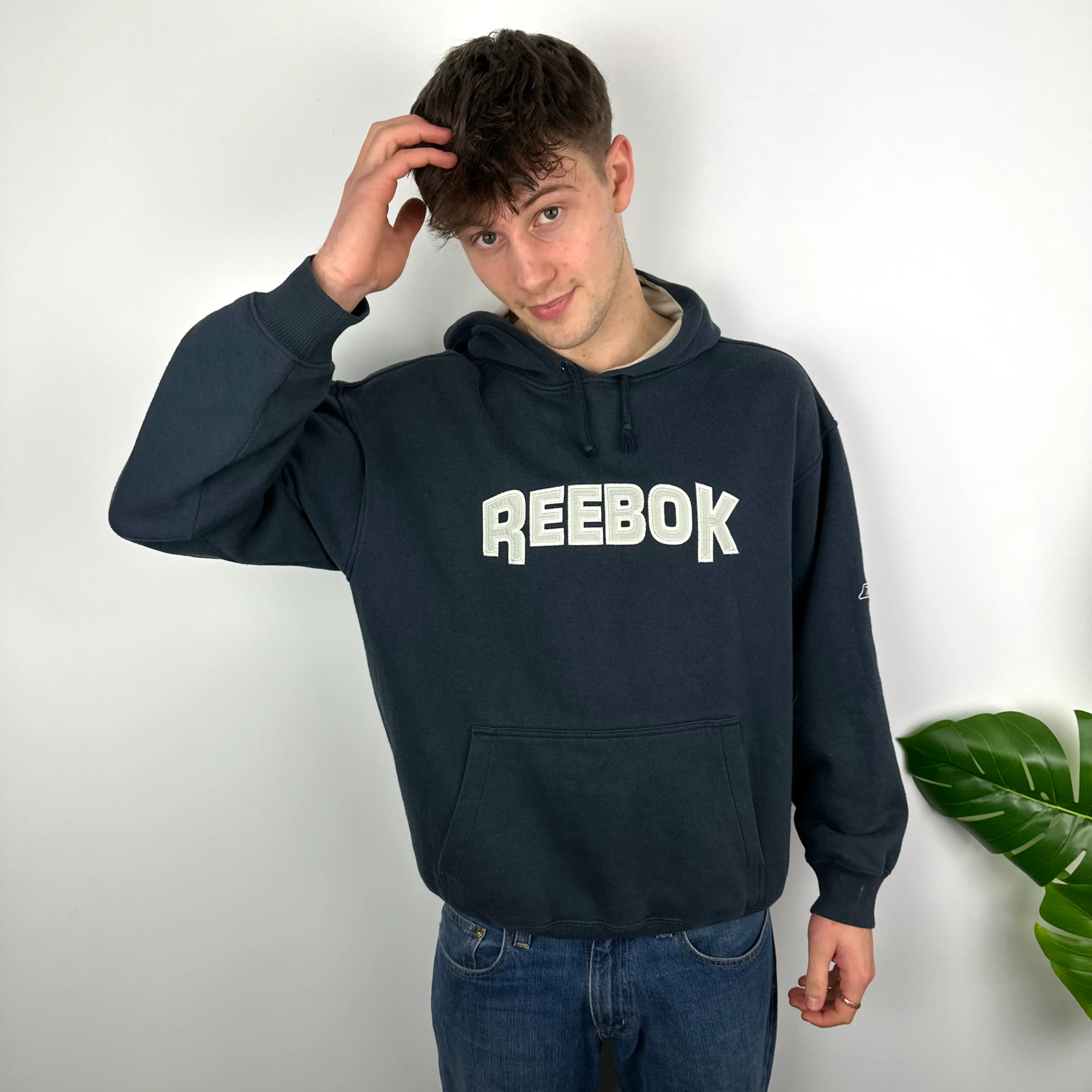 Reebok RARE Navy Embroidered Spell Out Hoodie (M) - Image 4