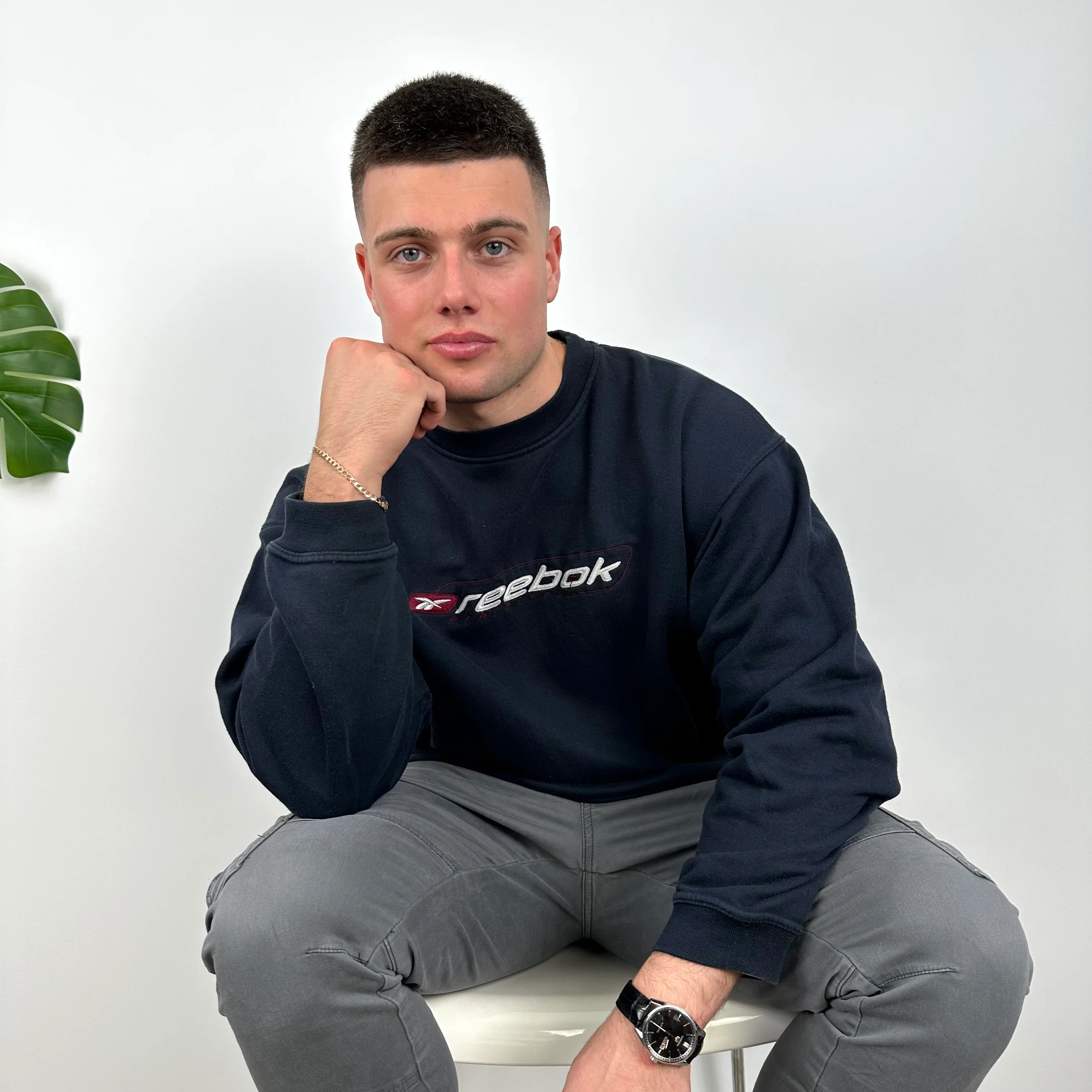Reebok RARE Navy Embroidered Spell Out Sweatshirt (L) - Image 2
