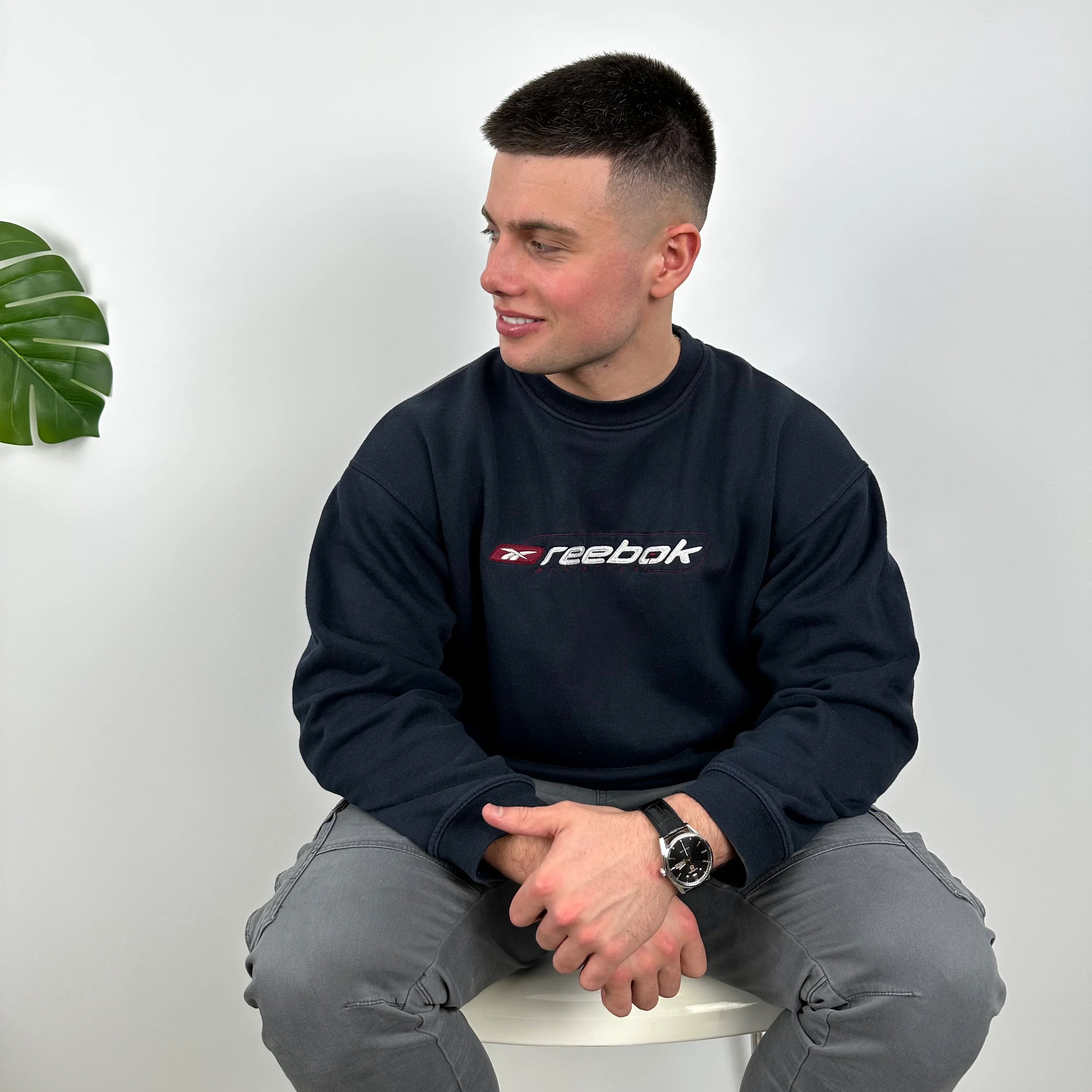Reebok RARE Navy Embroidered Spell Out Sweatshirt (L) - Image 3