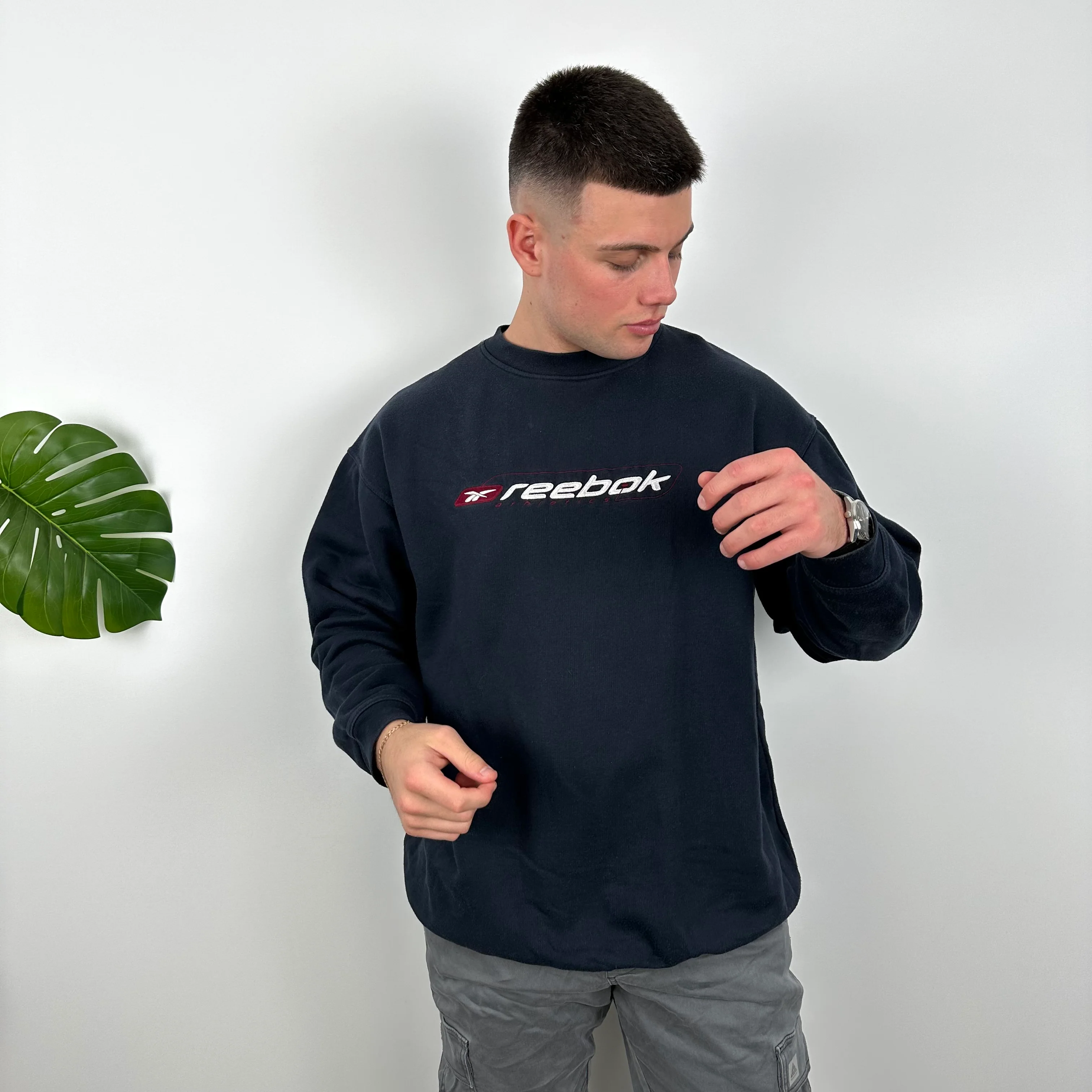 Reebok RARE Navy Embroidered Spell Out Sweatshirt (L) - Image 5