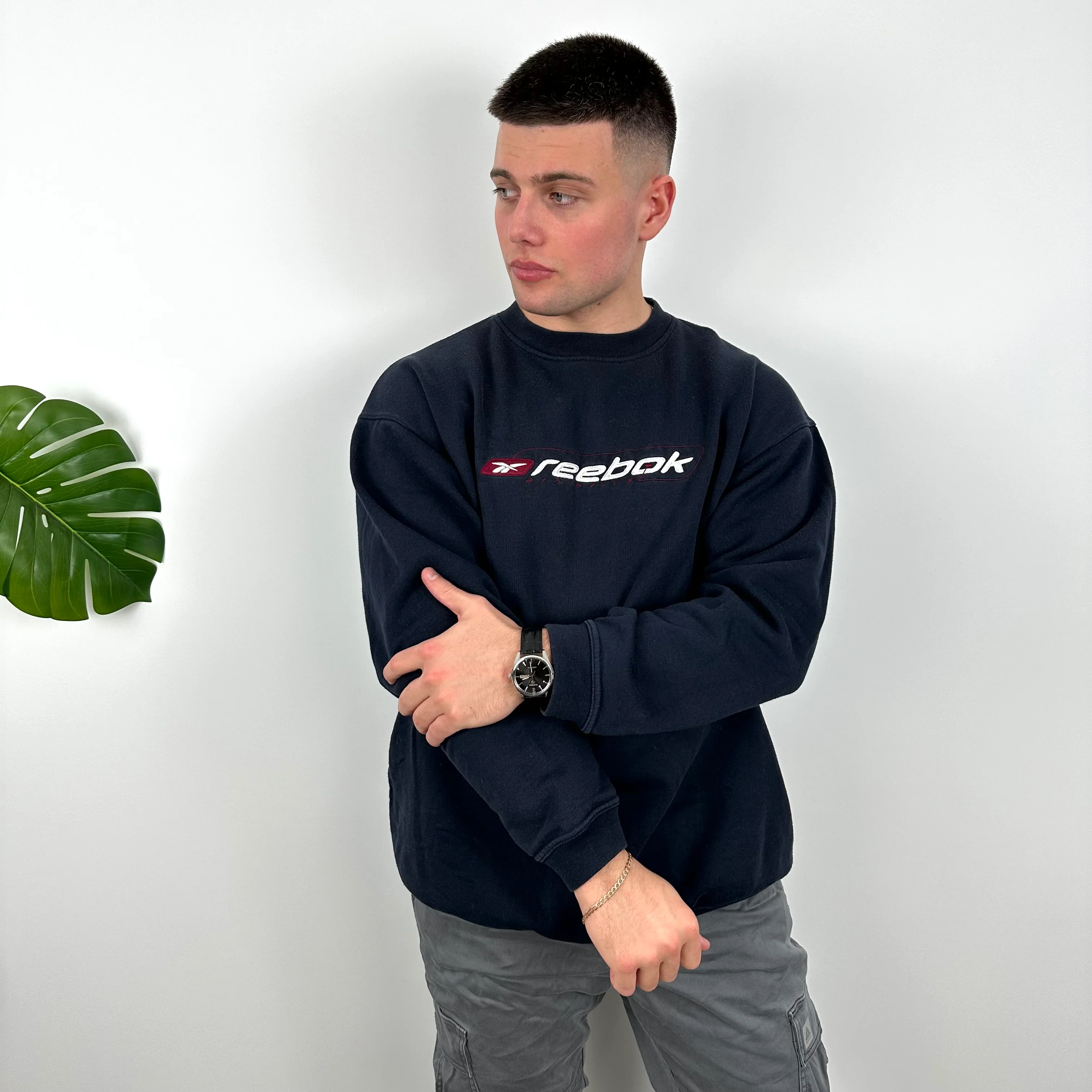 Reebok RARE Navy Embroidered Spell Out Sweatshirt (L) - Image 7