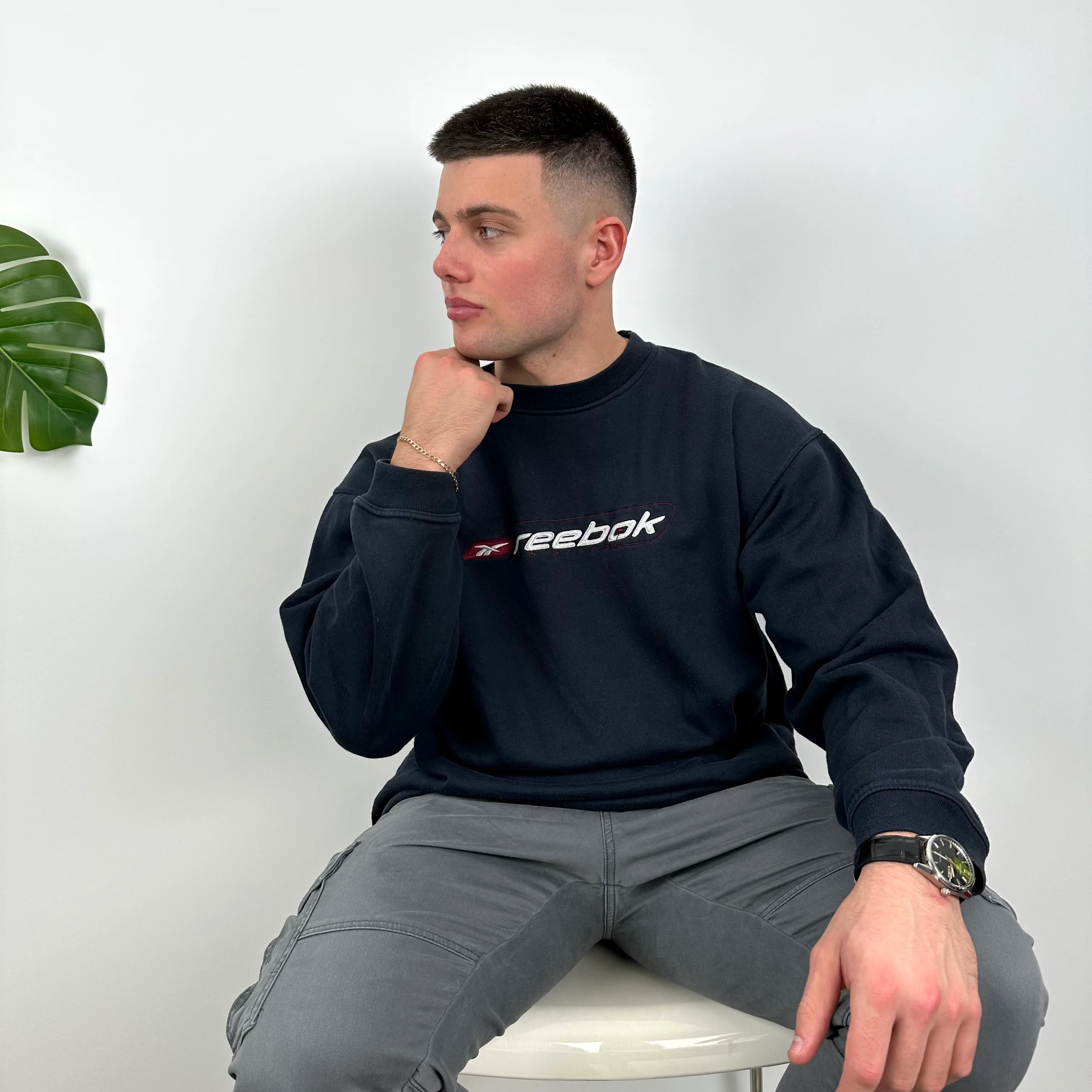 Reebok RARE Navy Embroidered Spell Out Sweatshirt (L) - Image 8