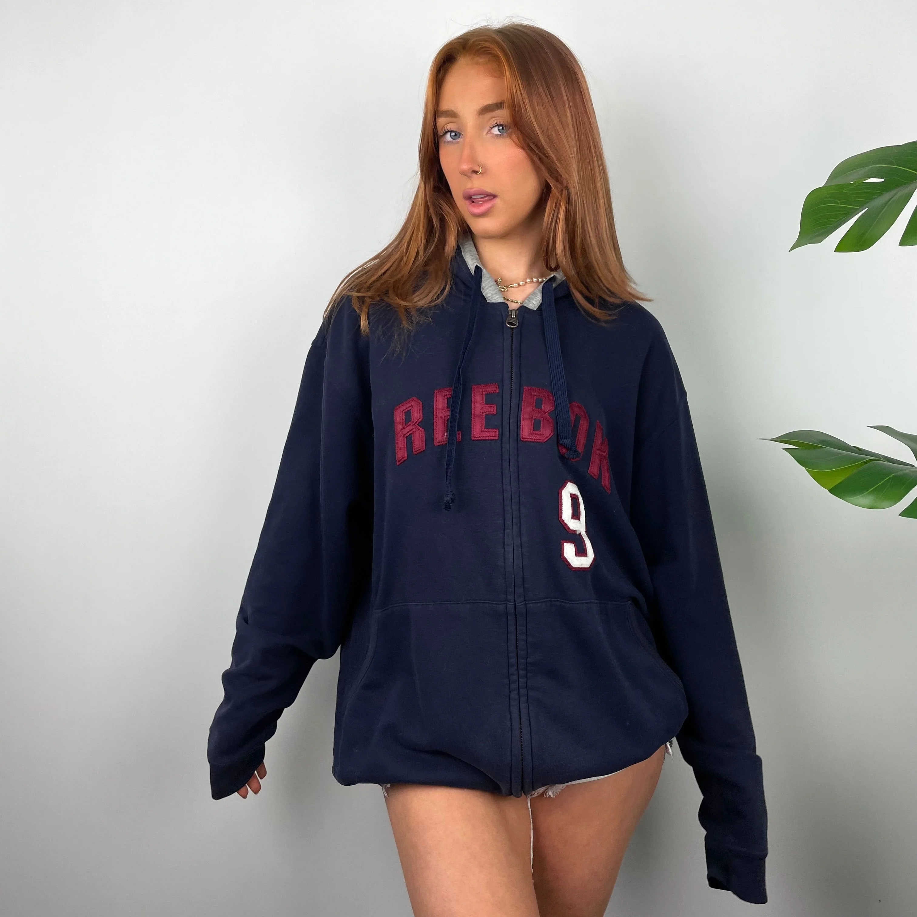 Reebok RARE Navy Embroidered Spell Out Zip Up Hoodie Jacket (L) - Image 2