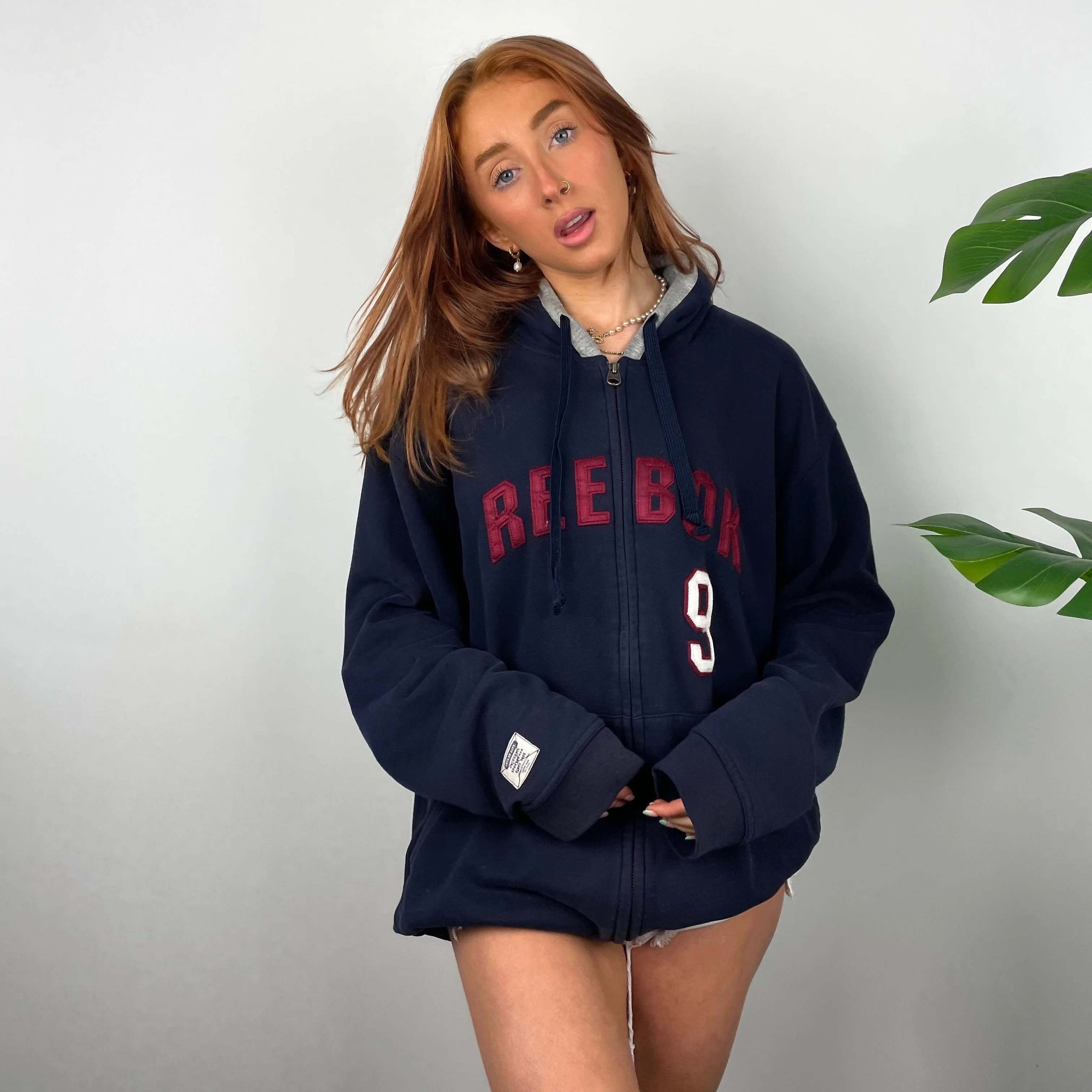 Reebok RARE Navy Embroidered Spell Out Zip Up Hoodie Jacket (L) - Image 3