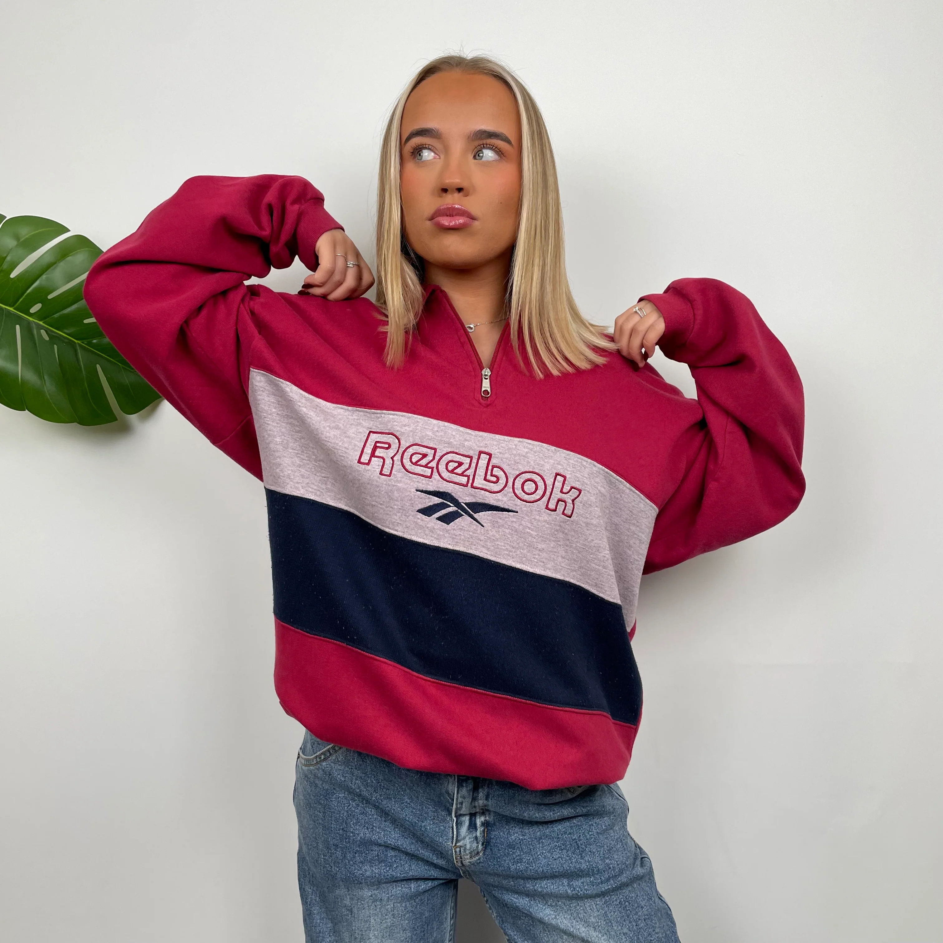 Reebok RARE Red Embroidered Spell Out Quarter Zip Sweatshirt (XXL) - Image 2