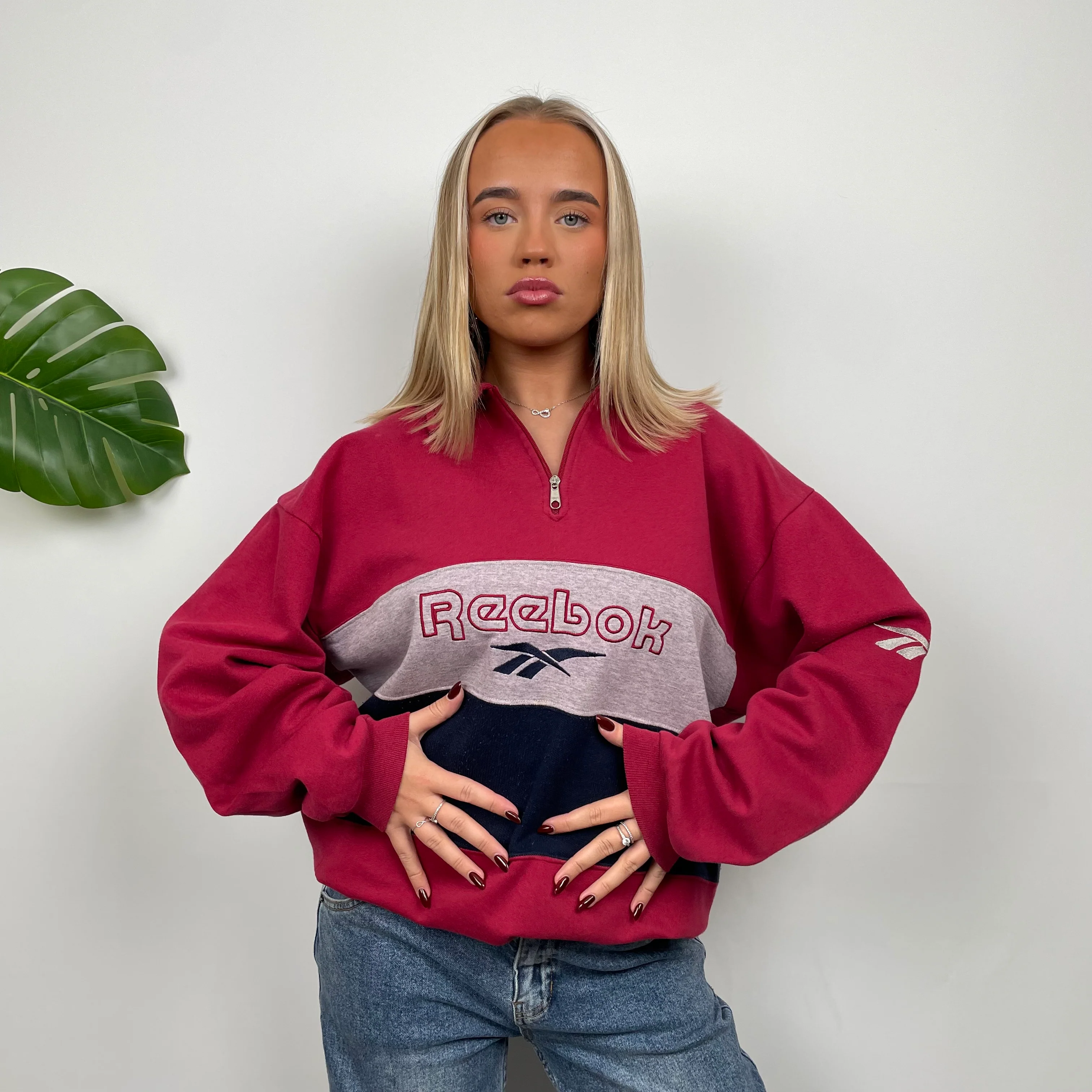 Reebok RARE Red Embroidered Spell Out Quarter Zip Sweatshirt (XXL) - Image 3