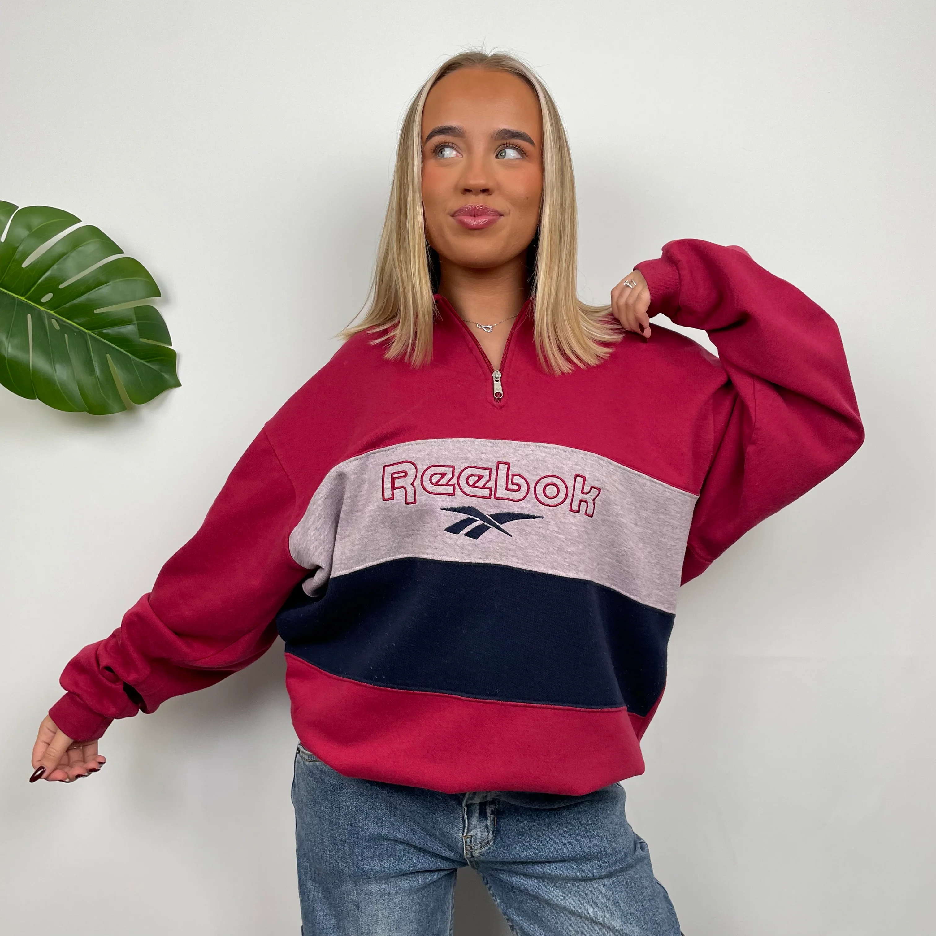 Reebok RARE Red Embroidered Spell Out Quarter Zip Sweatshirt (XXL) - Image 4