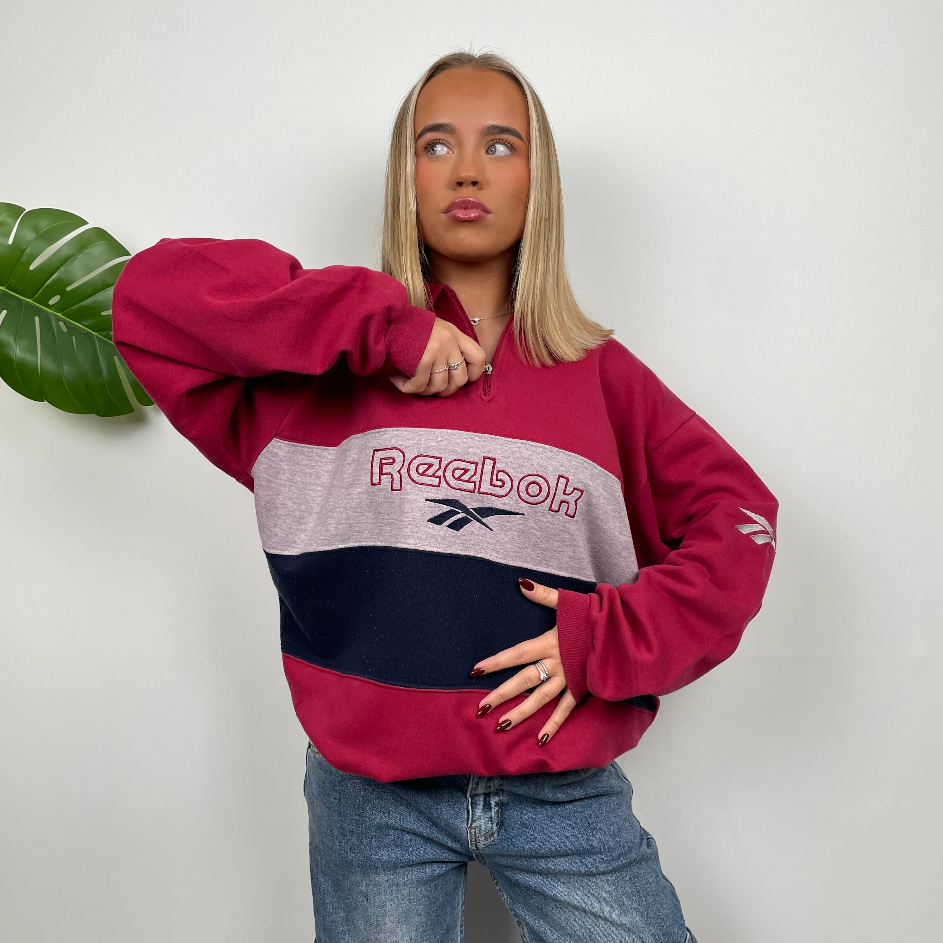 Reebok RARE Red Embroidered Spell Out Quarter Zip Sweatshirt (XXL) - Image 9