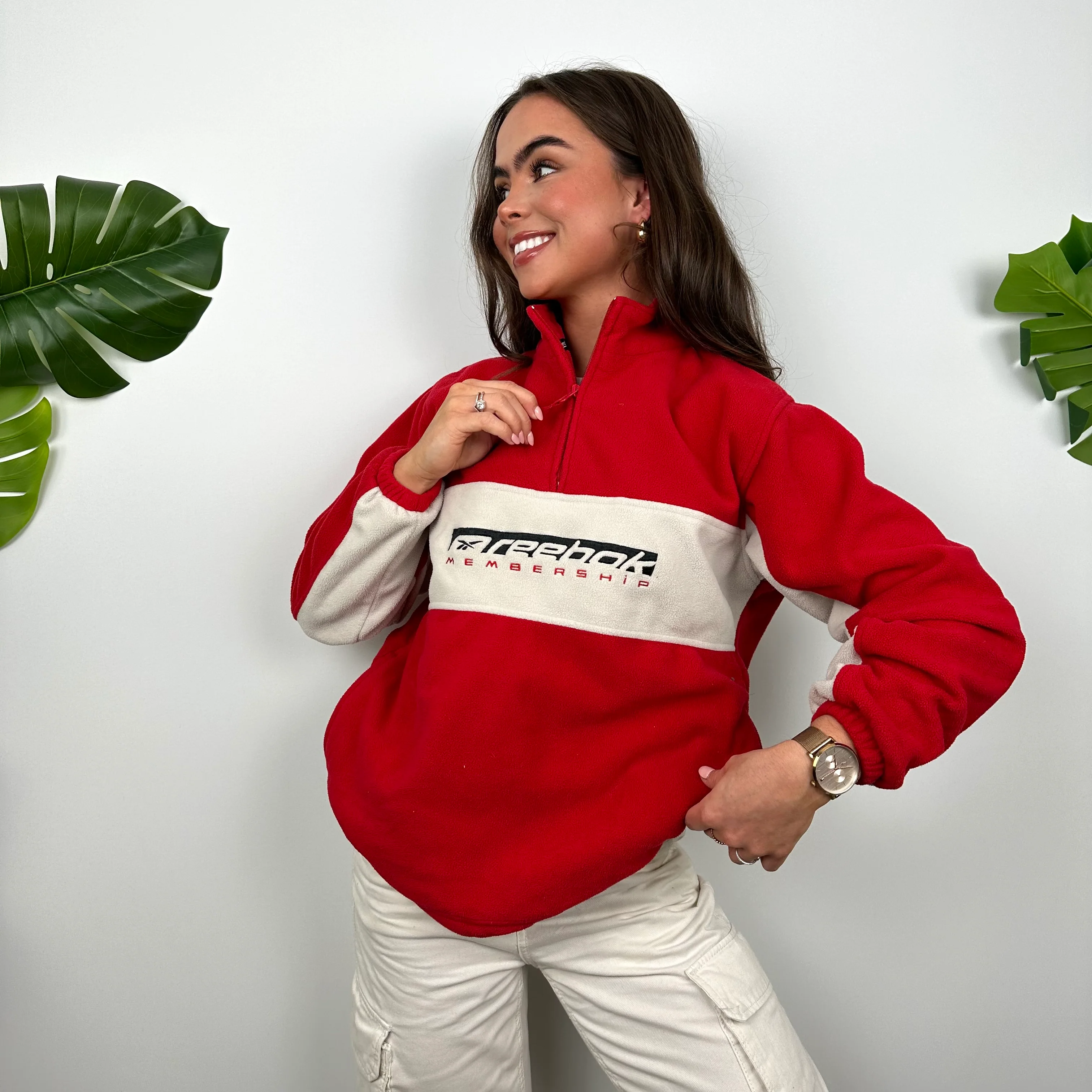 Reebok Red and Cream Embroidered Spell Out Teddy Bear Fleece Quarter Zip Sweatshirt (M) - Image 3
