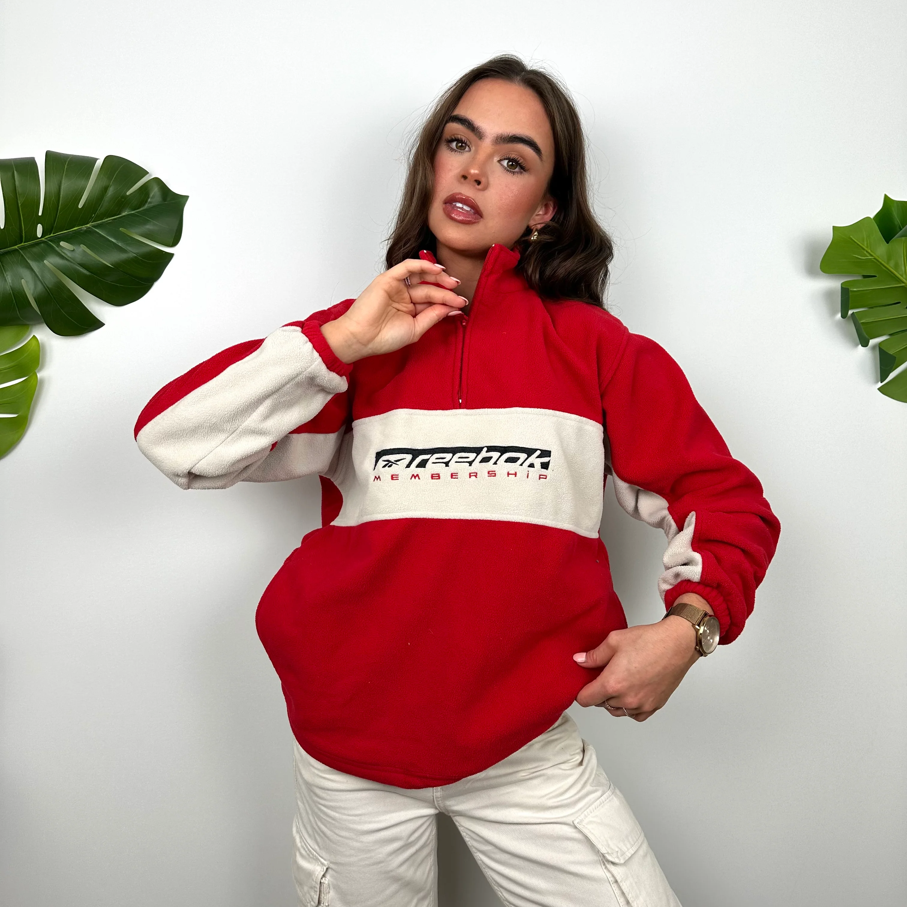 Reebok Red and Cream Embroidered Spell Out Teddy Bear Fleece Quarter Zip Sweatshirt (M) - Image 4