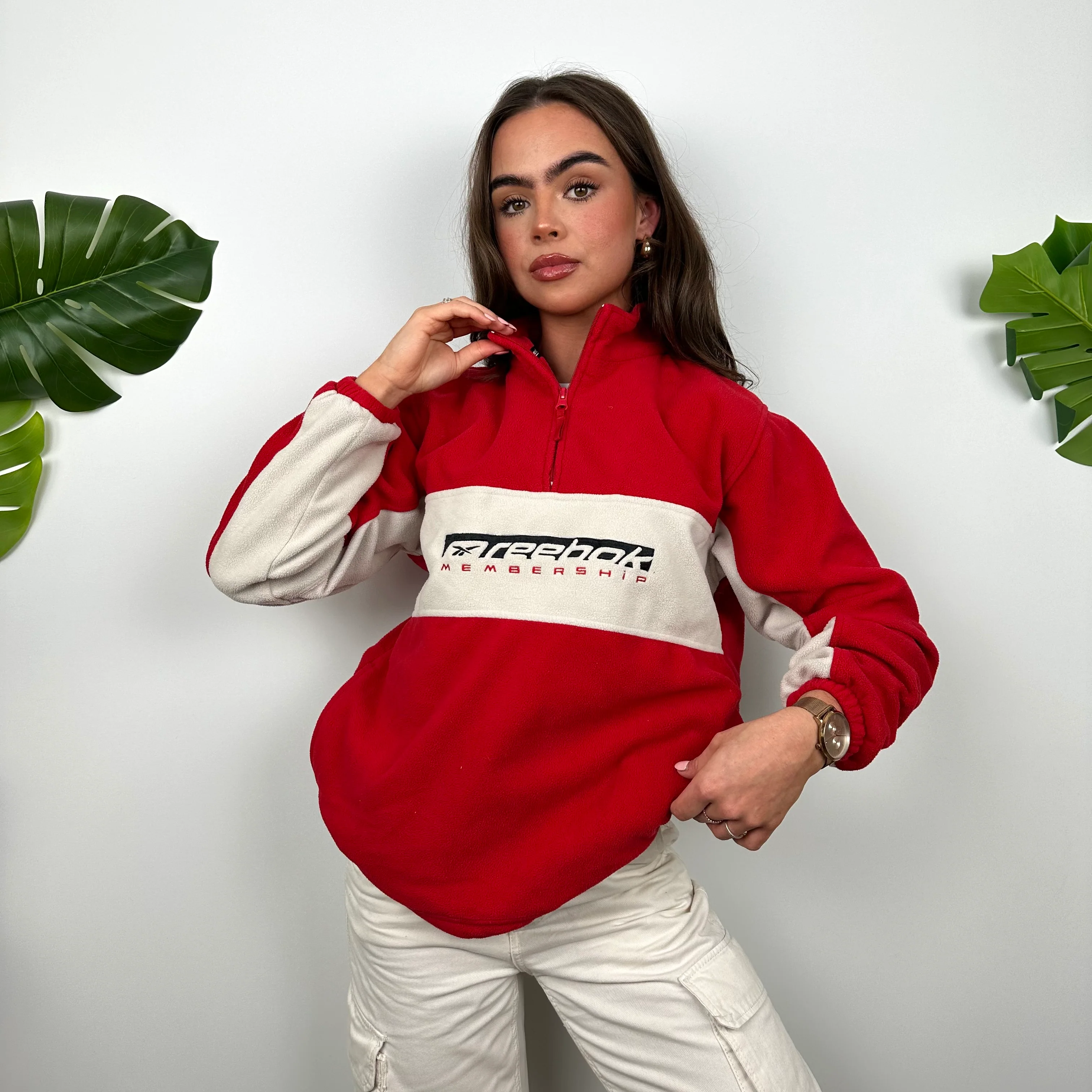 Reebok Red and Cream Embroidered Spell Out Teddy Bear Fleece Quarter Zip Sweatshirt (M) - Image 5