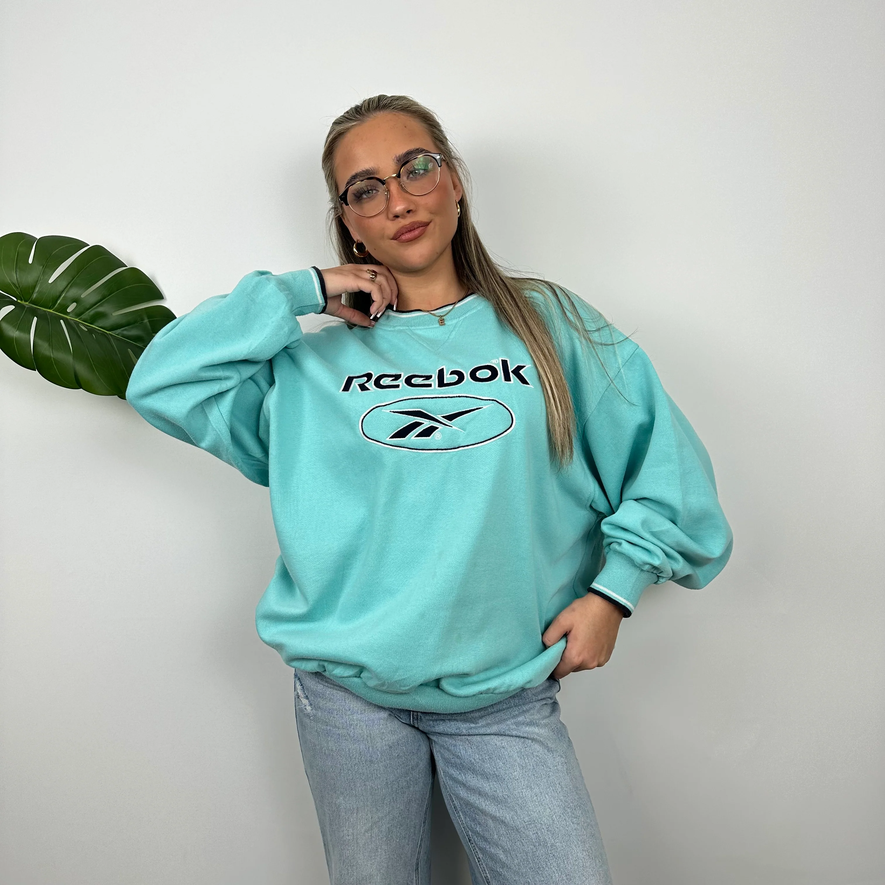 Reebok Turquoise Blue Embroidered Spell Out Sweatshirt (L) - Image 2