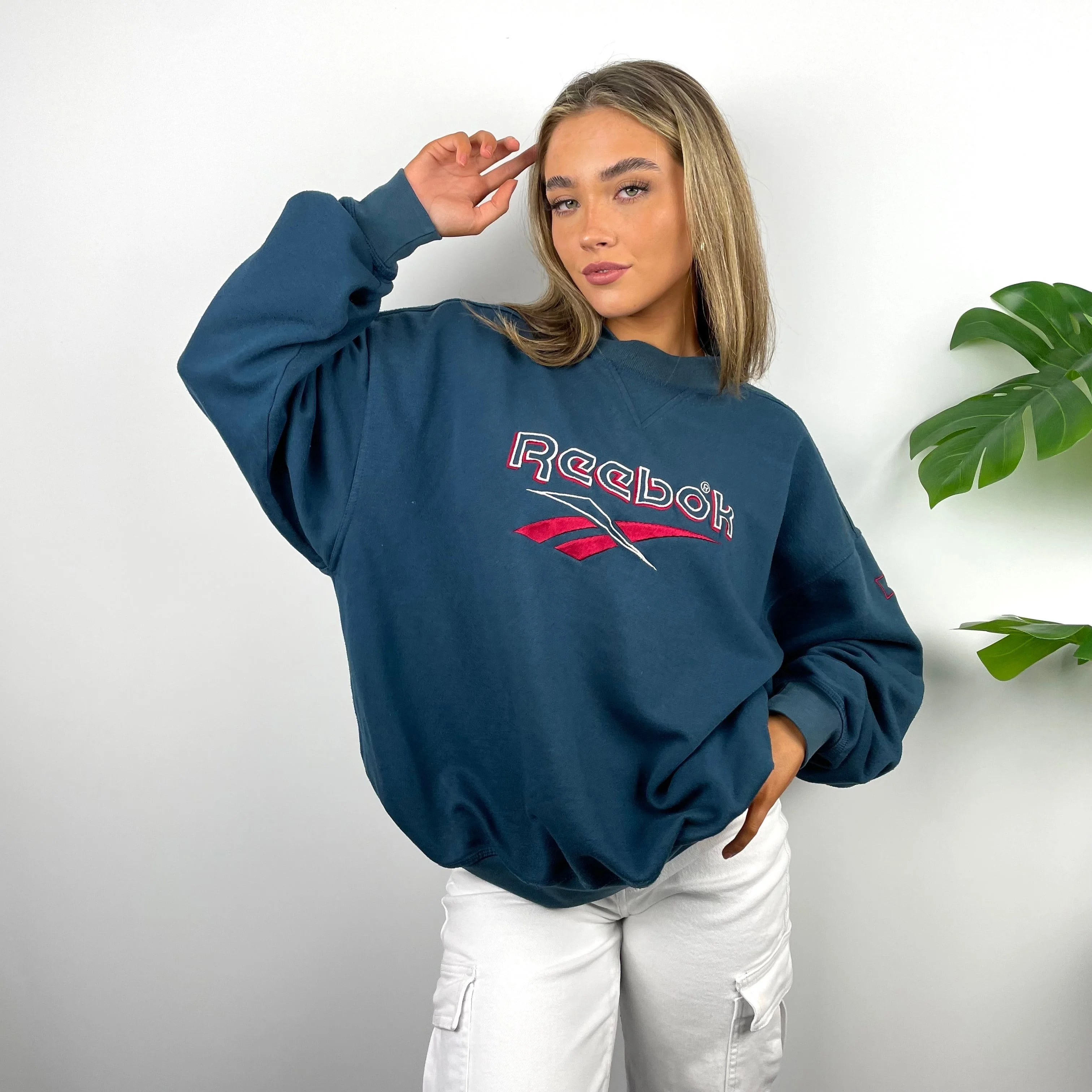 Reebok Turquoise Embroidered Spell Out Sweatshirt (M) - Image 2