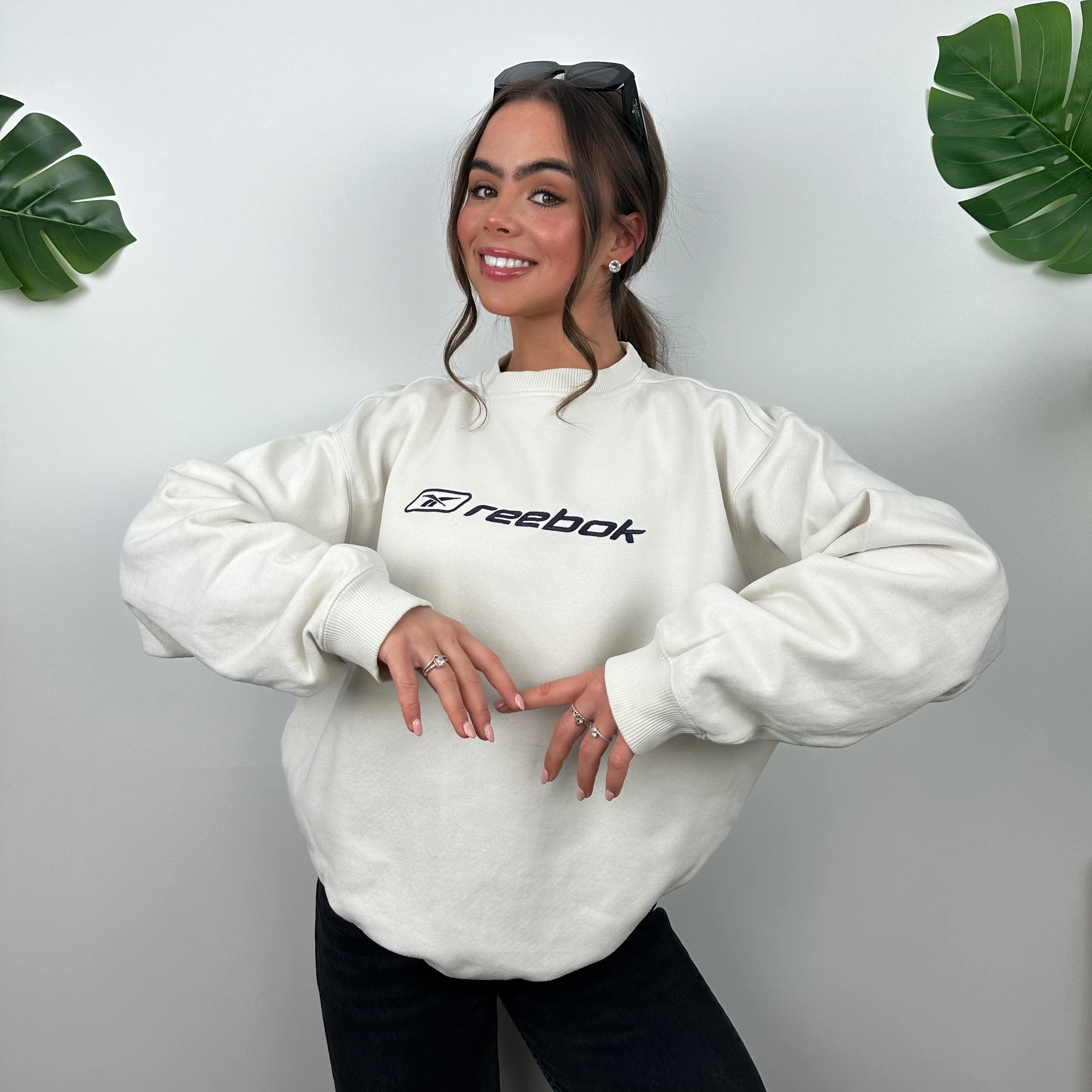 Reebok White Embroidered Spell Out Sweatshirt (M) - Image 6