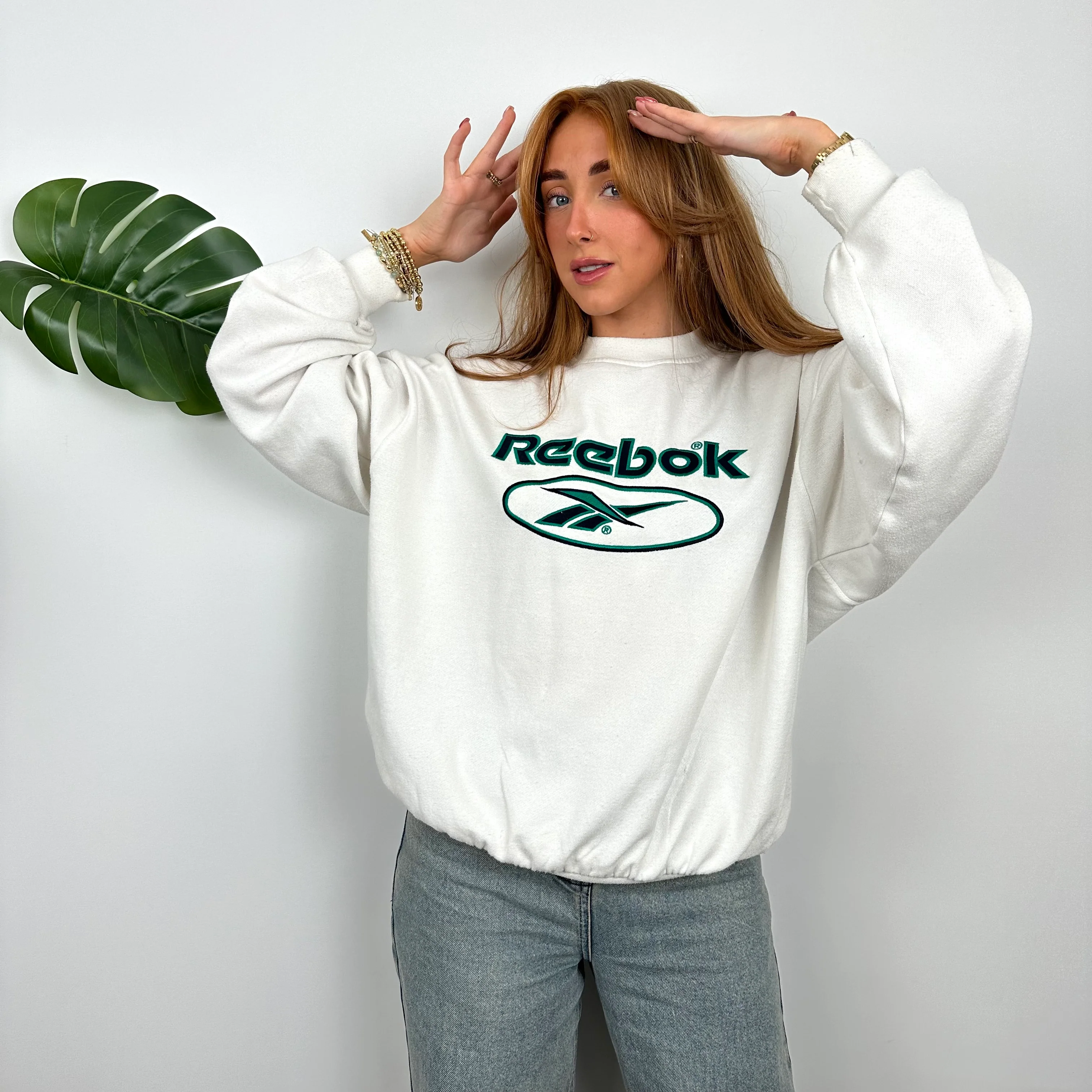 Reebok White Embroidered Spell Out Sweatshirt (M) - Image 2