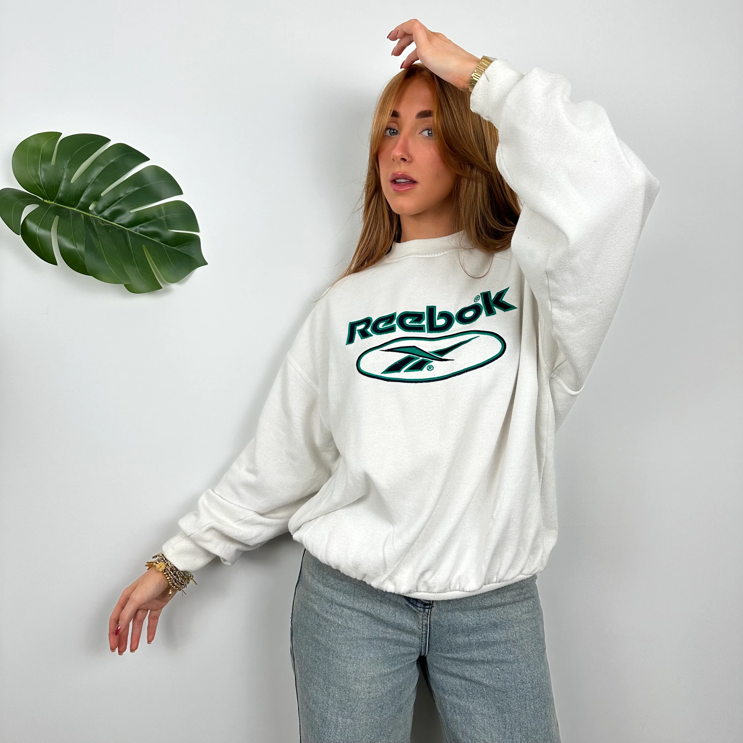 Reebok White Embroidered Spell Out Sweatshirt (M) - Image 3