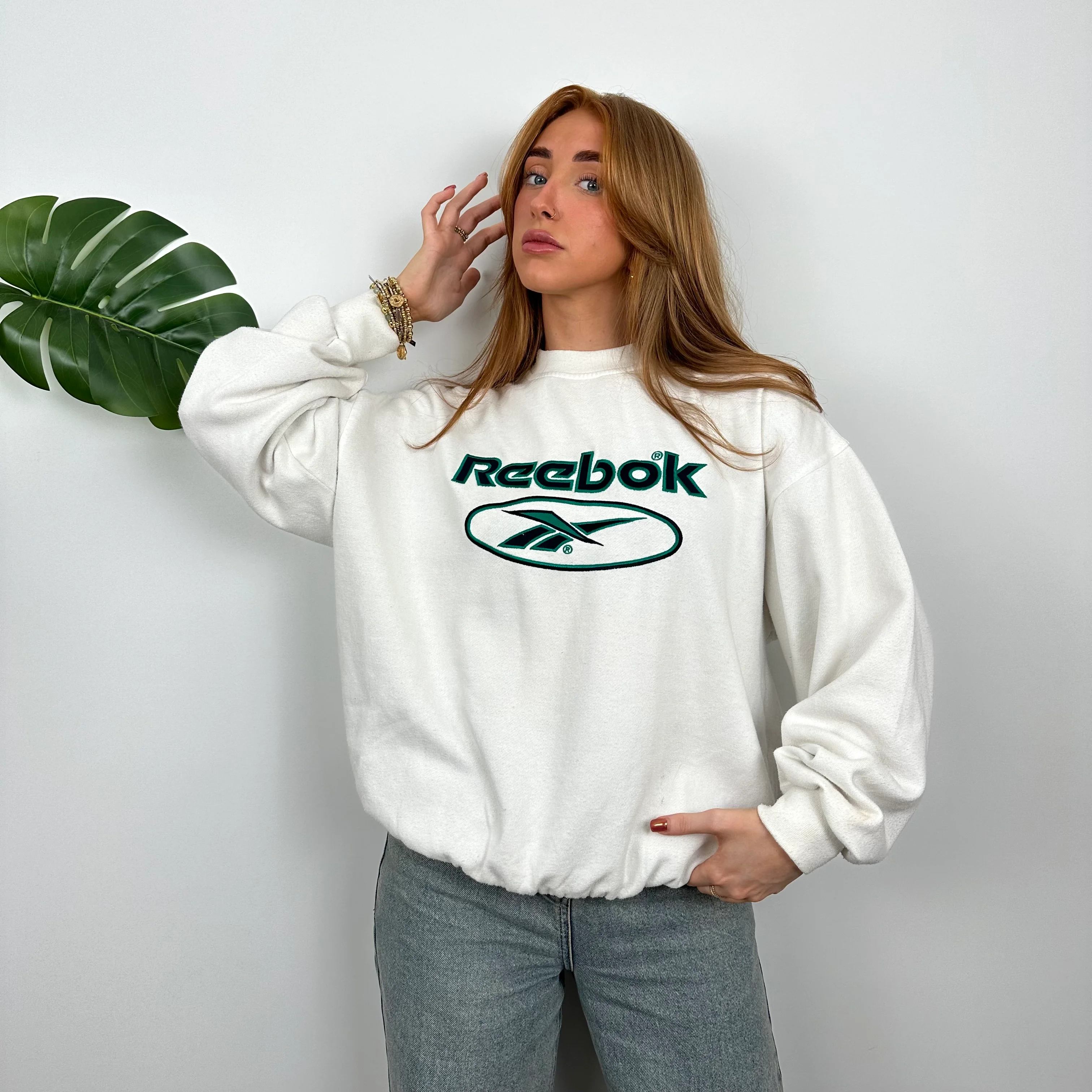 Reebok White Embroidered Spell Out Sweatshirt (M) - Image 4