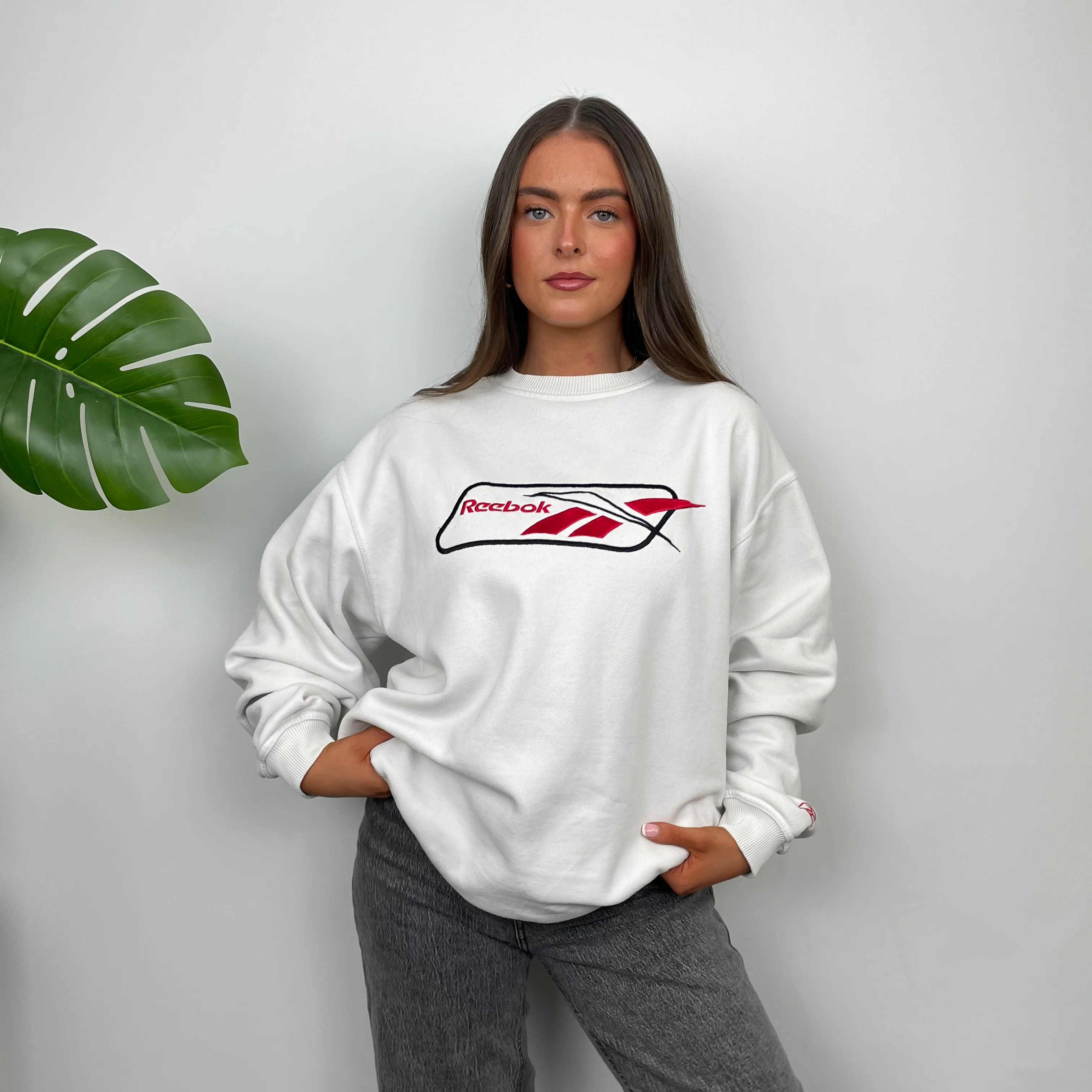 Reebok White Embroidered Spell Out Sweatshirt (L) - Image 6