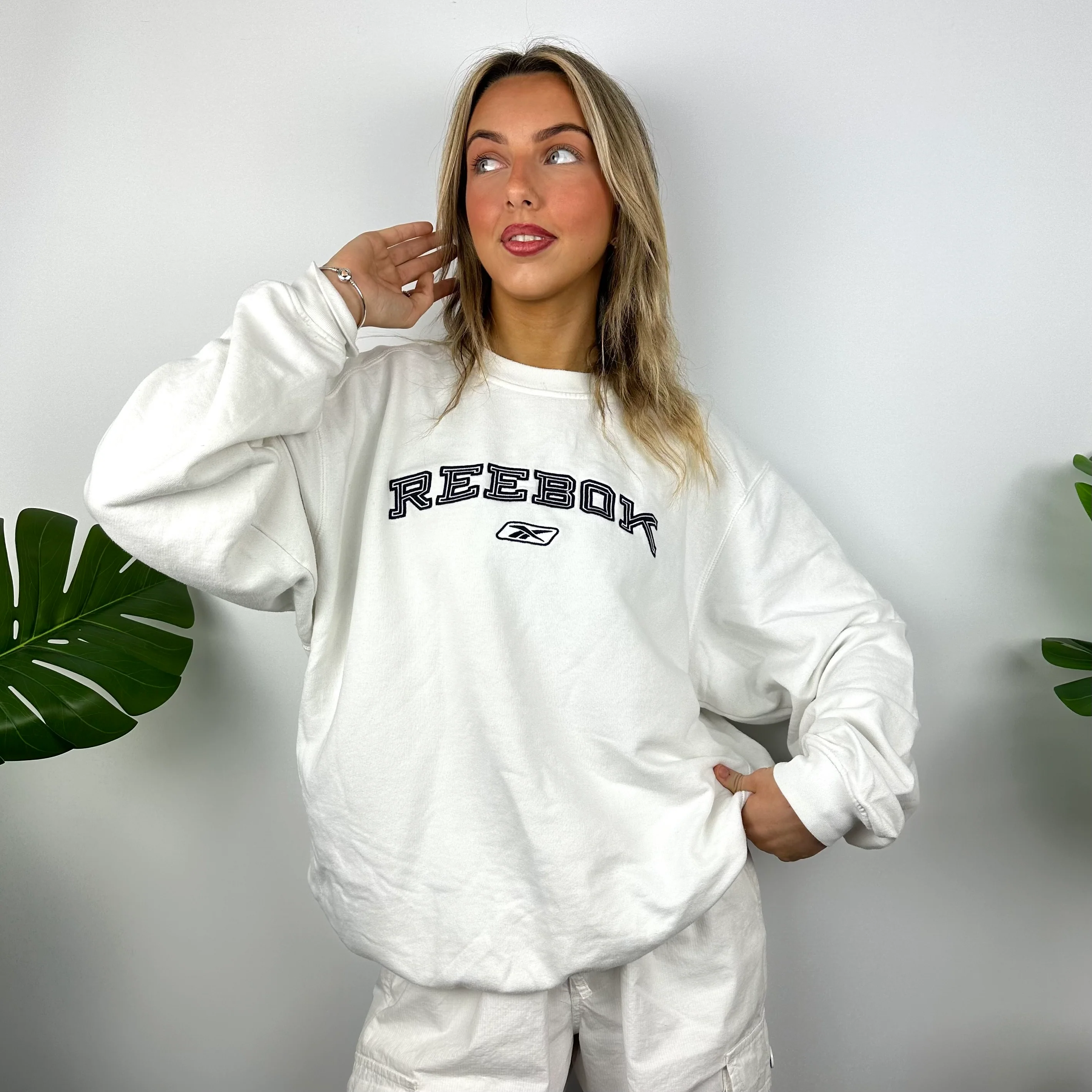 Reebok White Embroidered Spell Out Sweatshirt (L) - Image 2