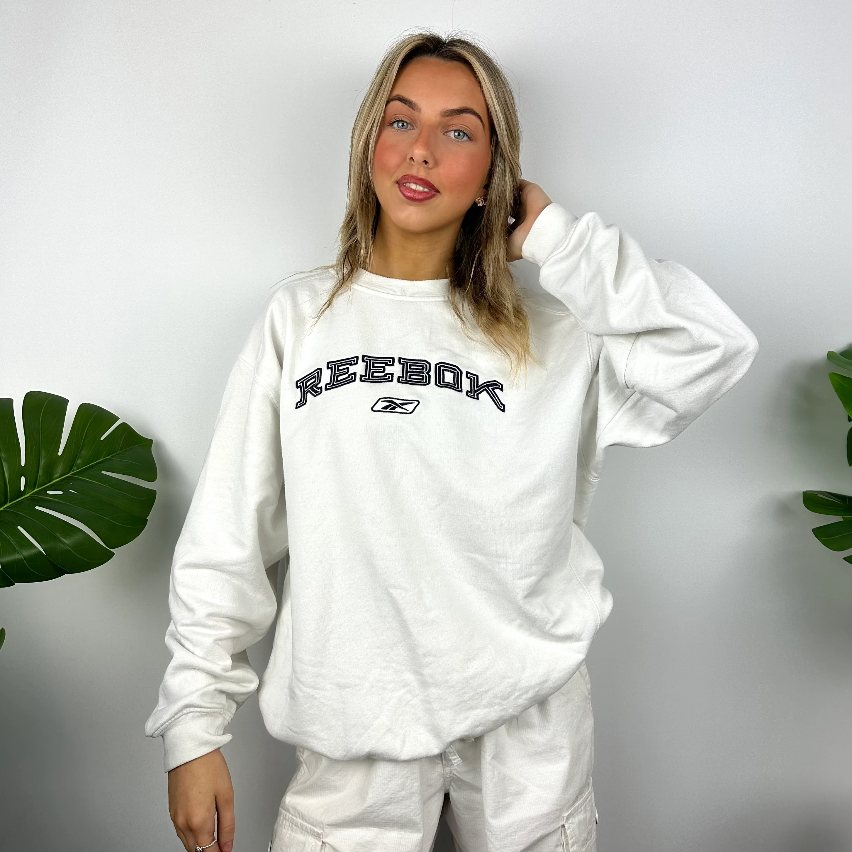 Reebok White Embroidered Spell Out Sweatshirt (L) - Image 3