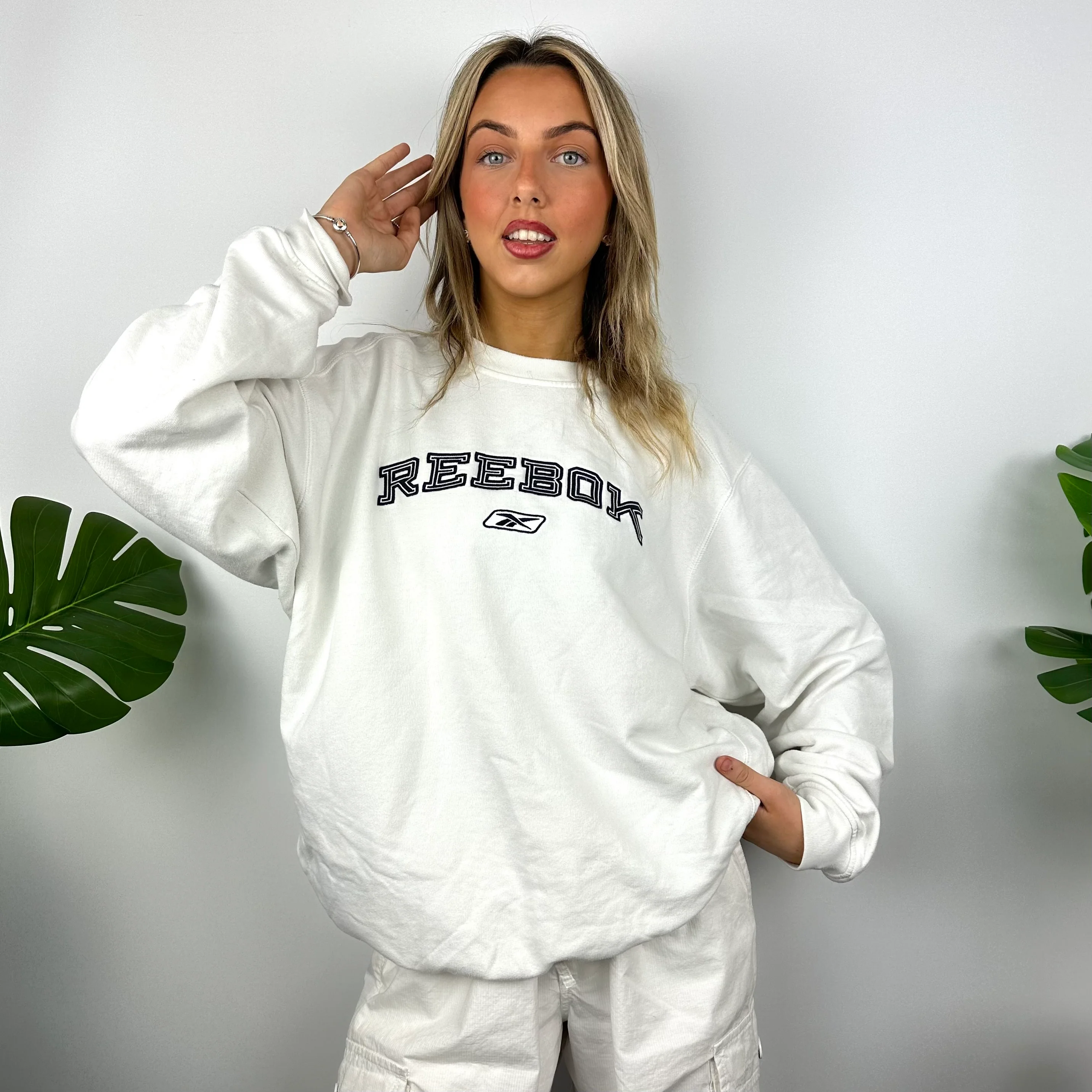 Reebok White Embroidered Spell Out Sweatshirt (L) - Image 6